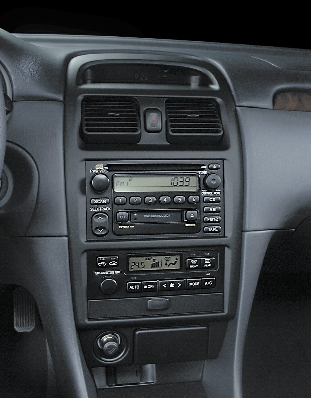 Car interior center console with radio and climate control