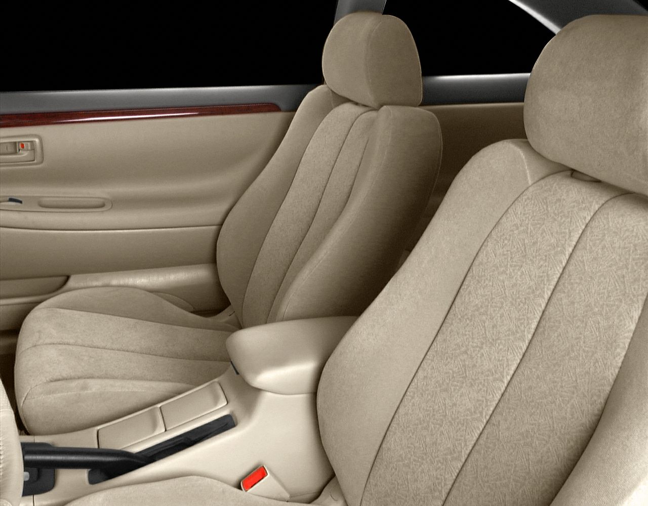 Beige fabric front seats with armrest and door panel detailing