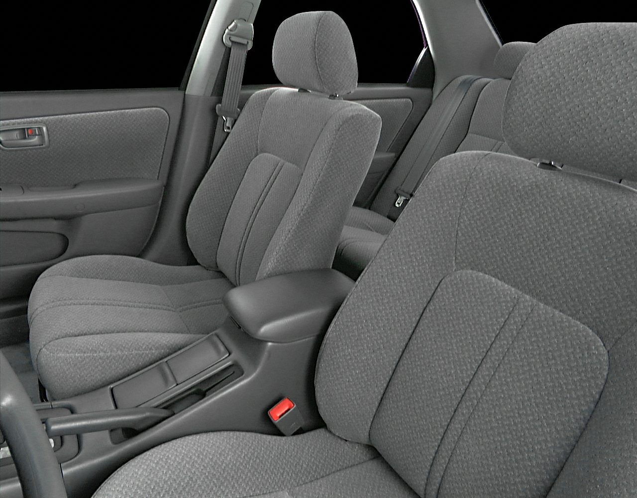 Gray fabric seats with headrests and armrest console