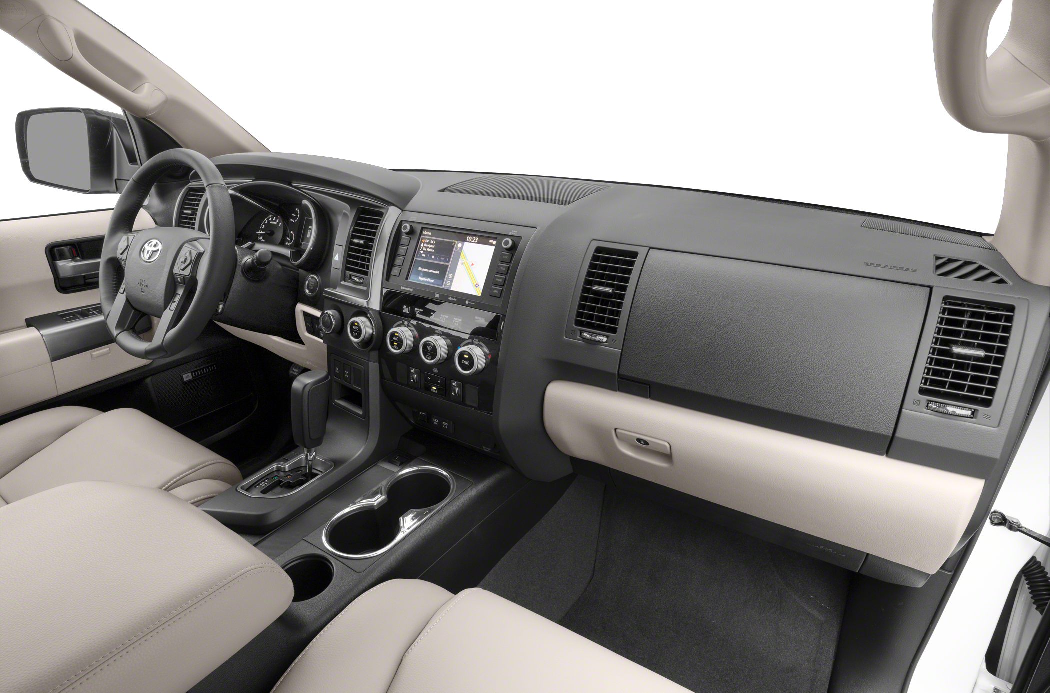 Dashboard, steering wheel, infotainment, and center console in beige and black interior