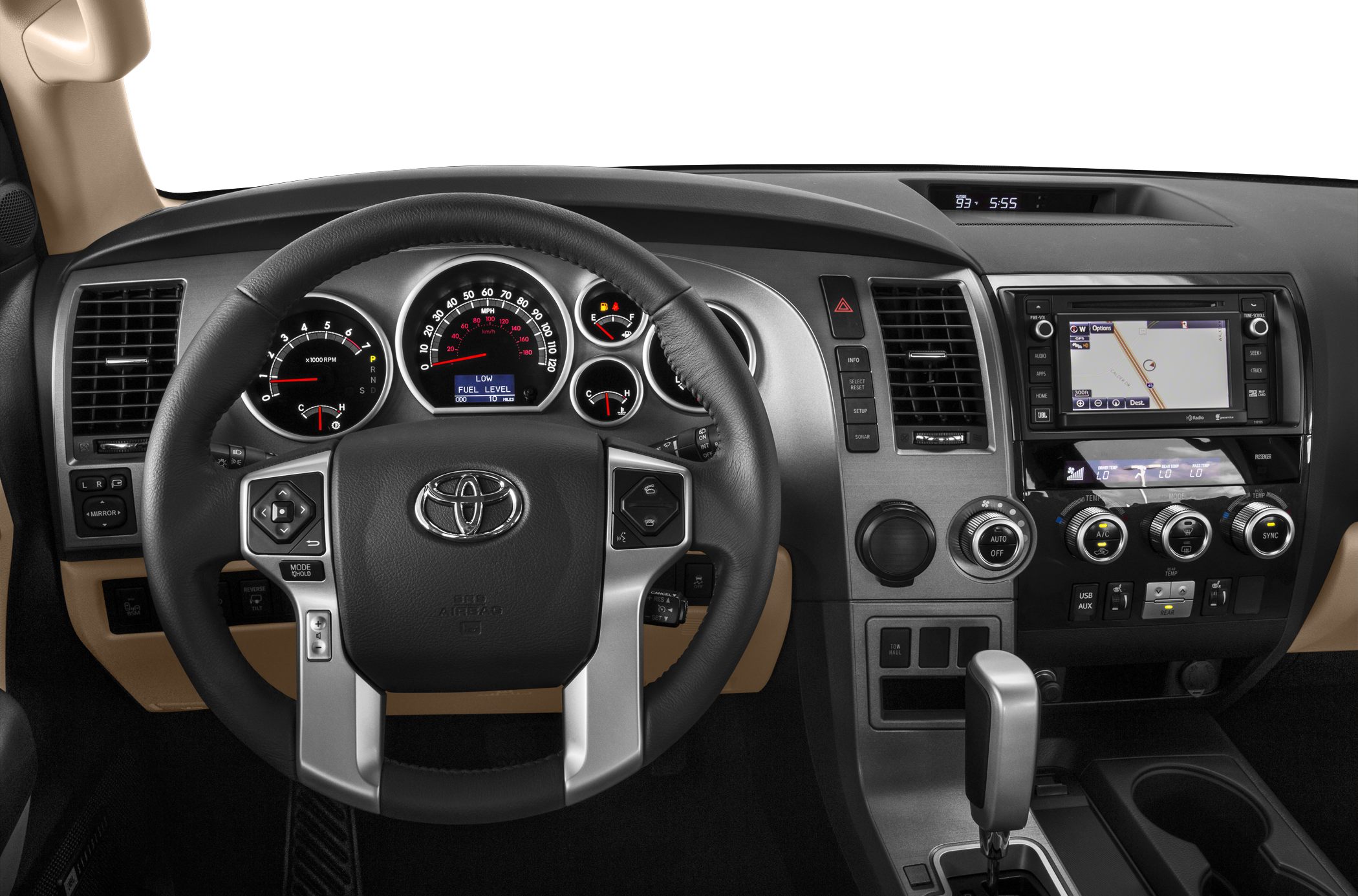 Dashboard with instrument cluster, steering wheel controls, and infotainment system