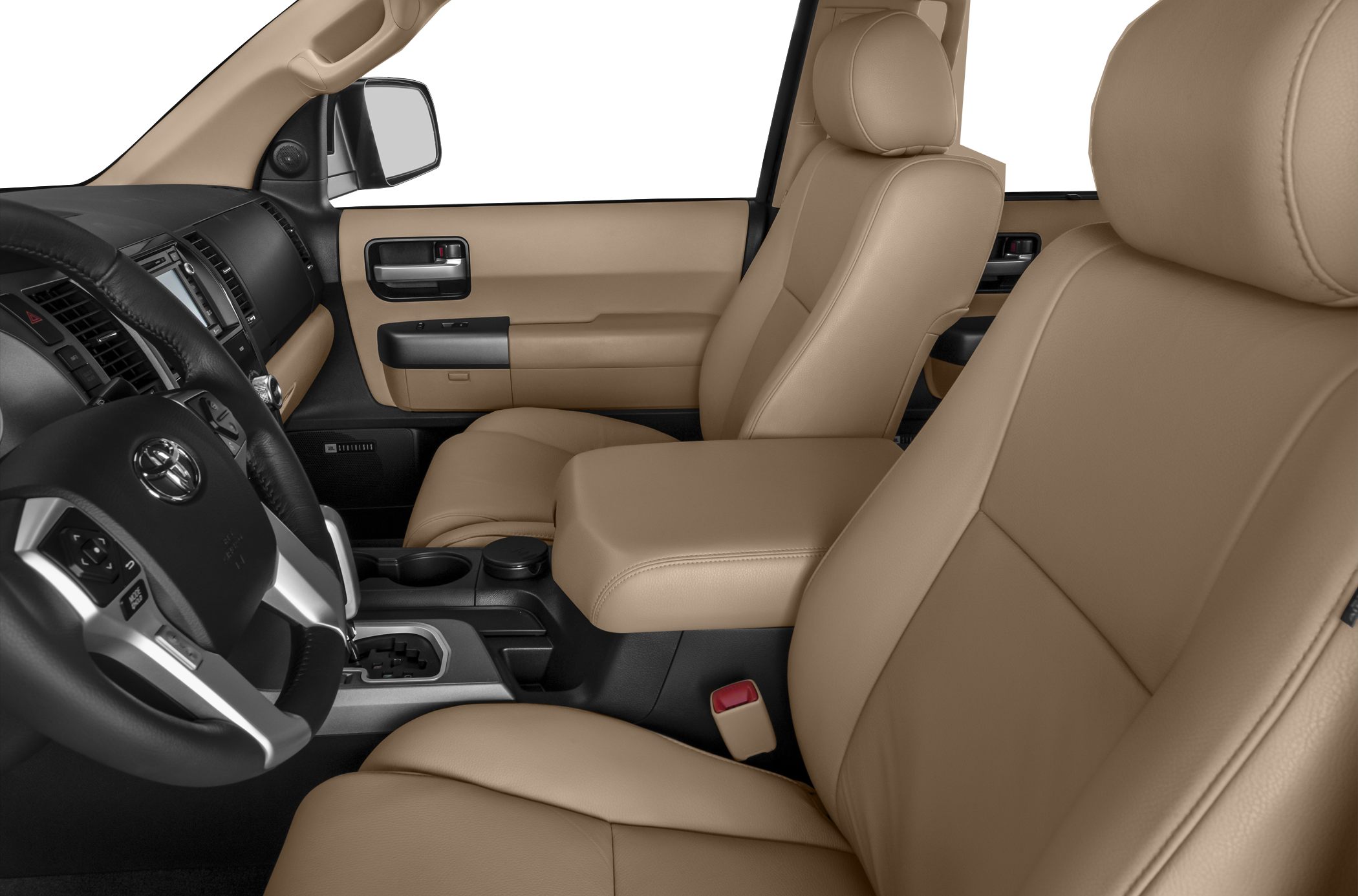 Tan leather front seats with center armrest and black dashboard