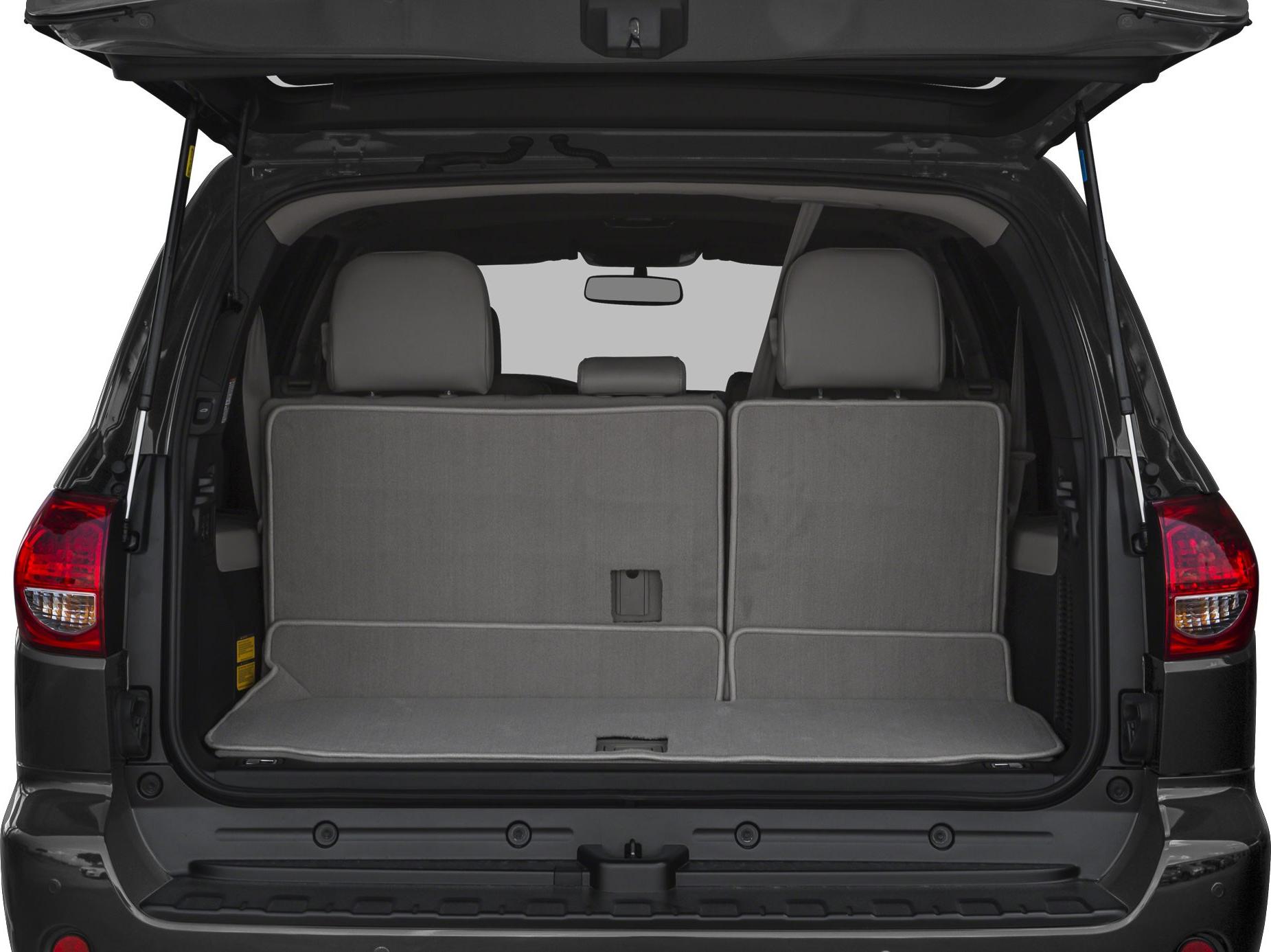 SUV rear cargo area with folded seatbacks and upholstery