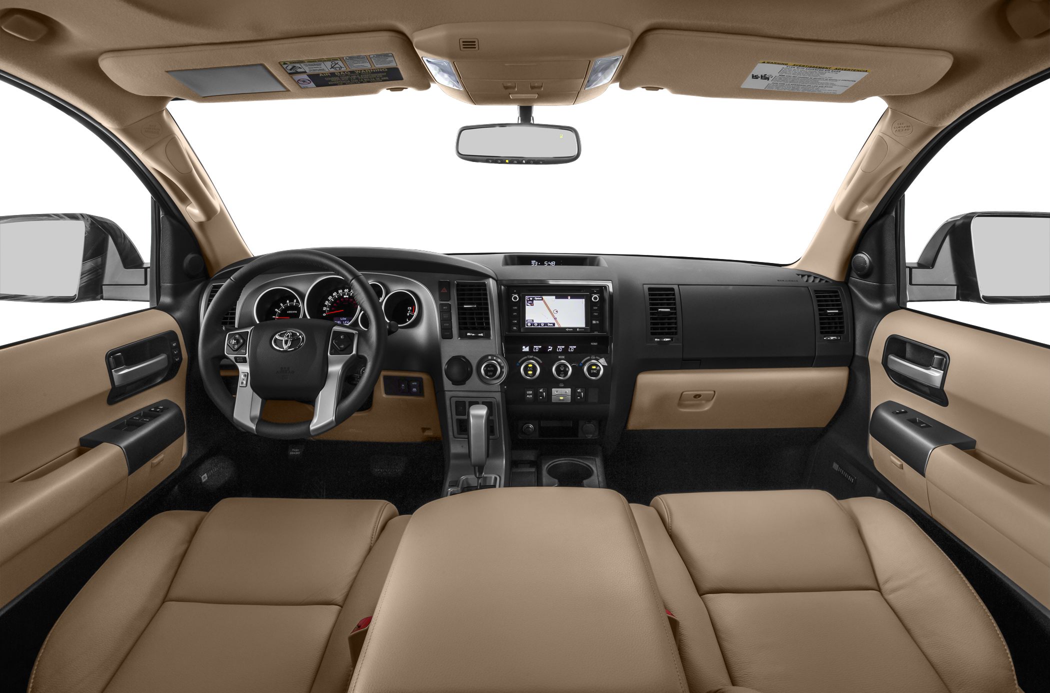 Tan leather seats and dashboard with integrated navigation and steering wheel controls
