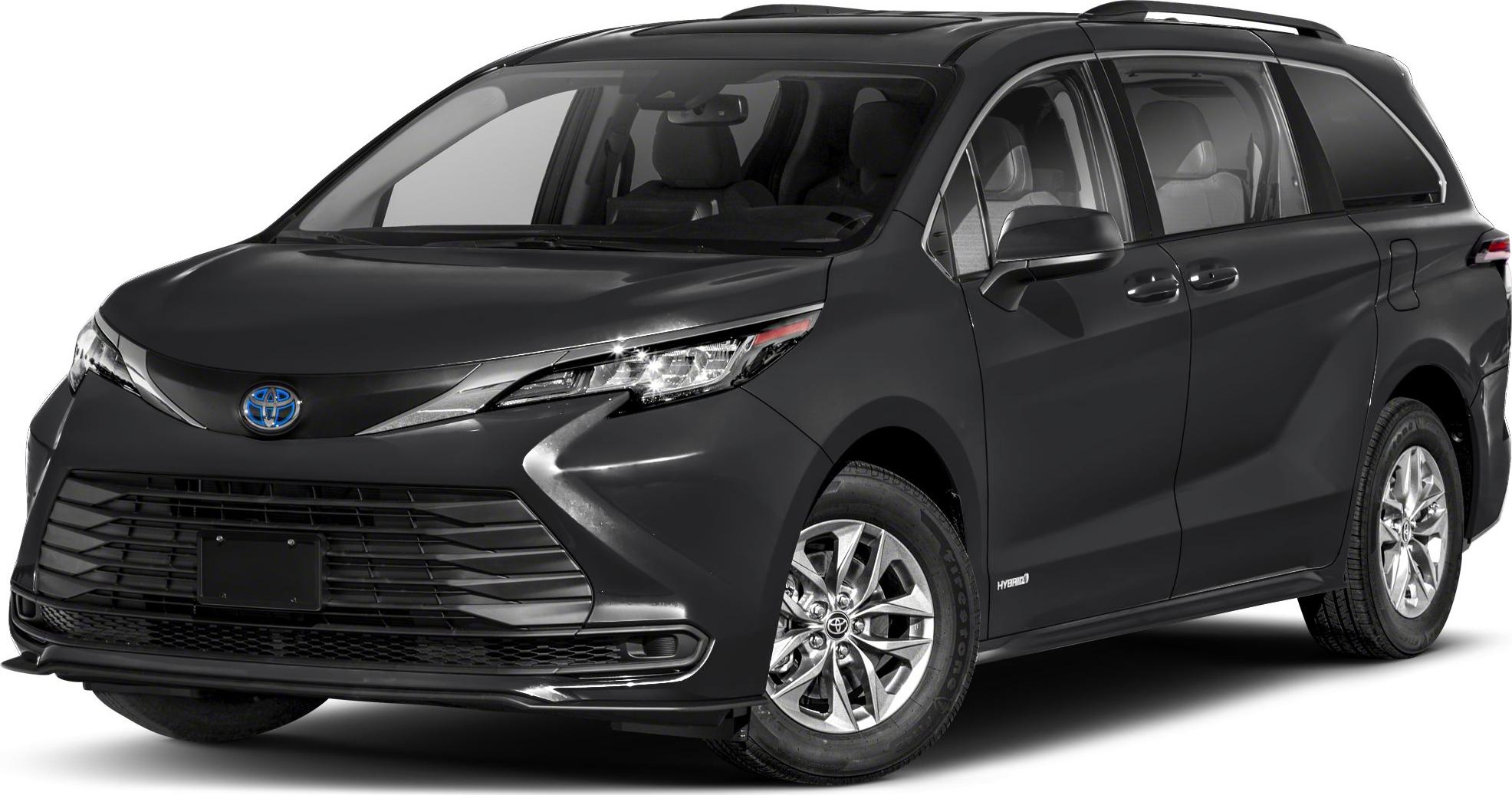 Front-side view with LED headlights, large grille, and black hybrid minivan body