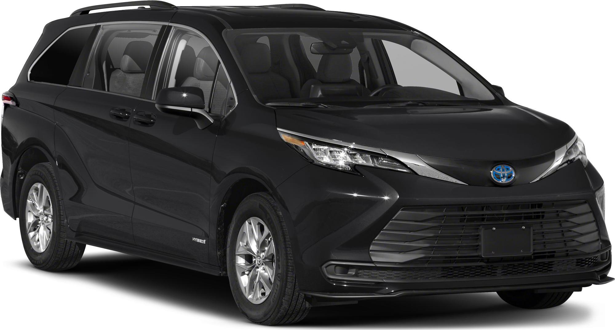 Hybrid minivan front 3-4 view with sleek headlights and aerodynamic shape