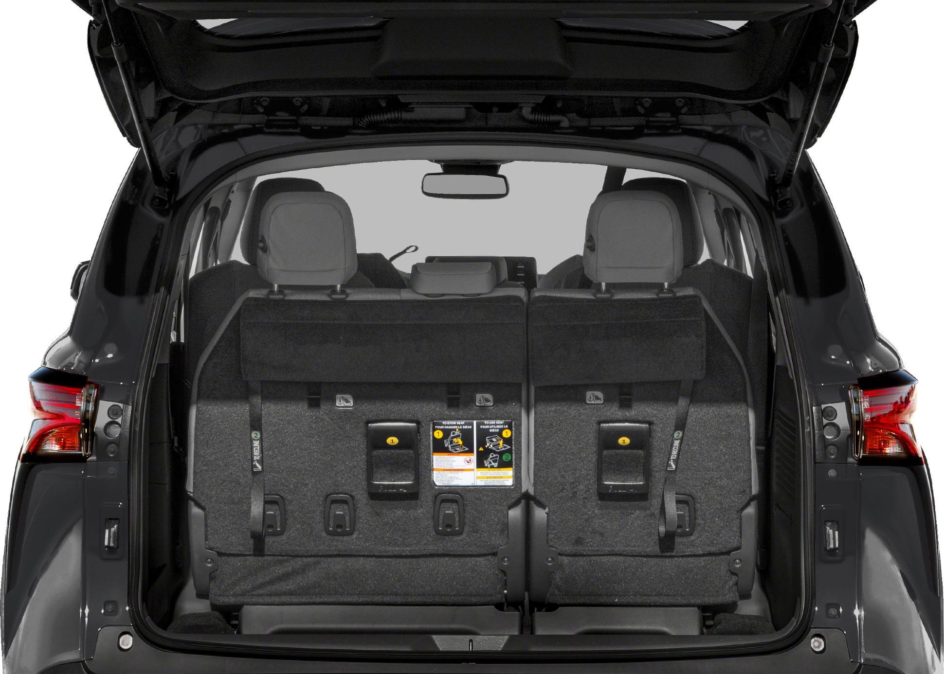 Rear hatch with foldable third-row seats and headrests