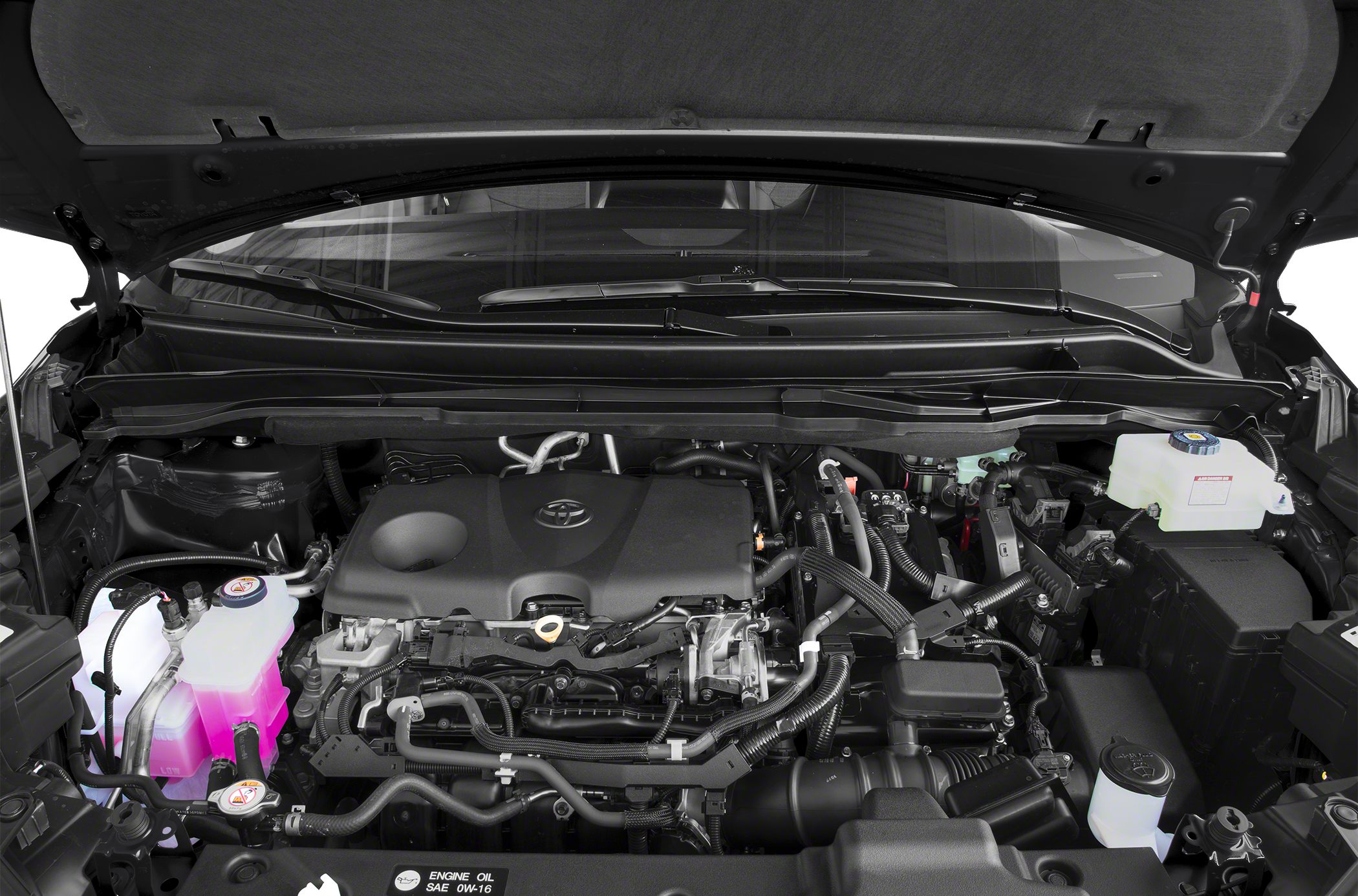 2021 minivan engine bay with components and fluid reservoirs