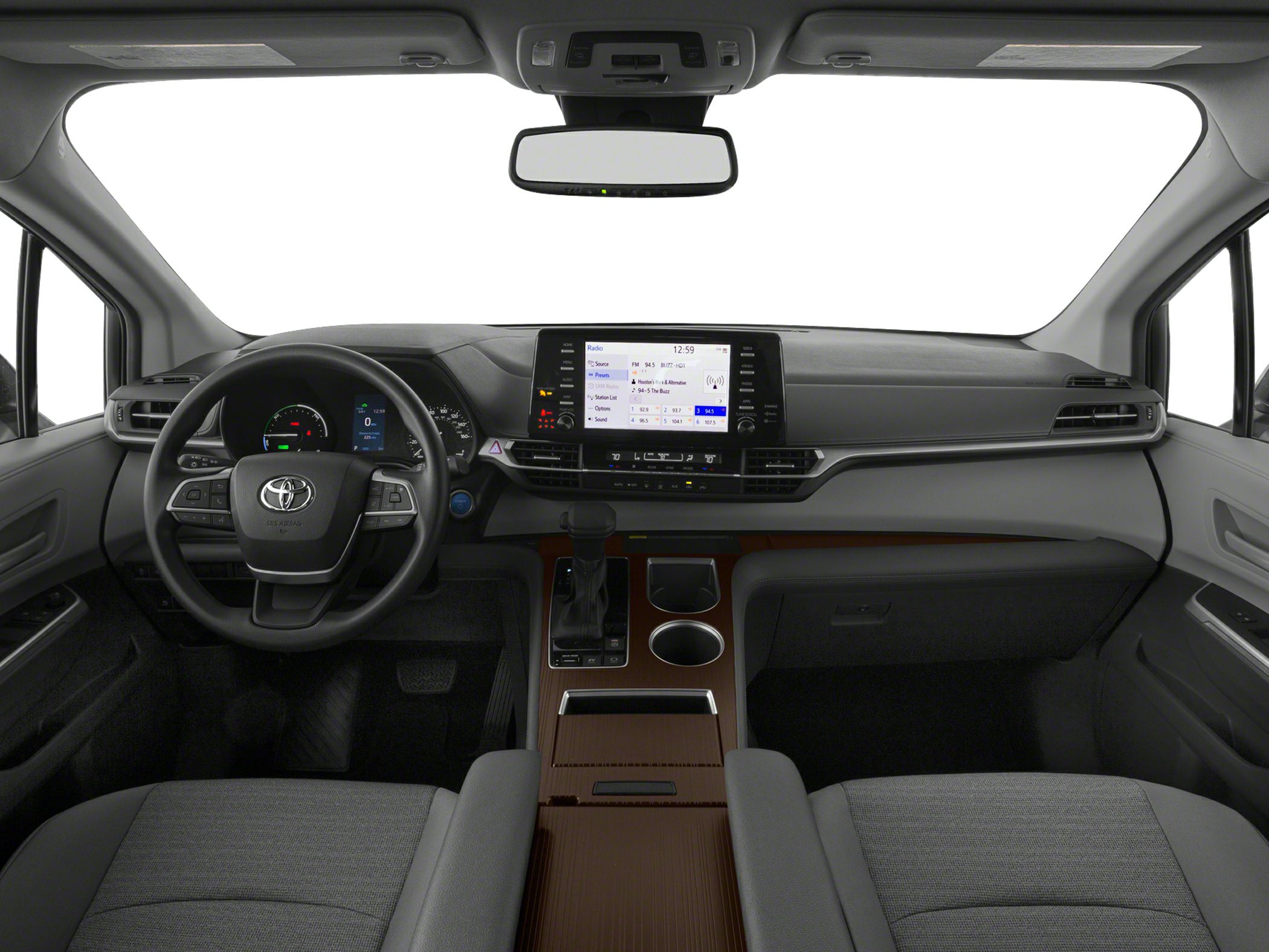 Minimalist vehicle interior with digital dashboard, touchscreen, and wood-trimmed center console