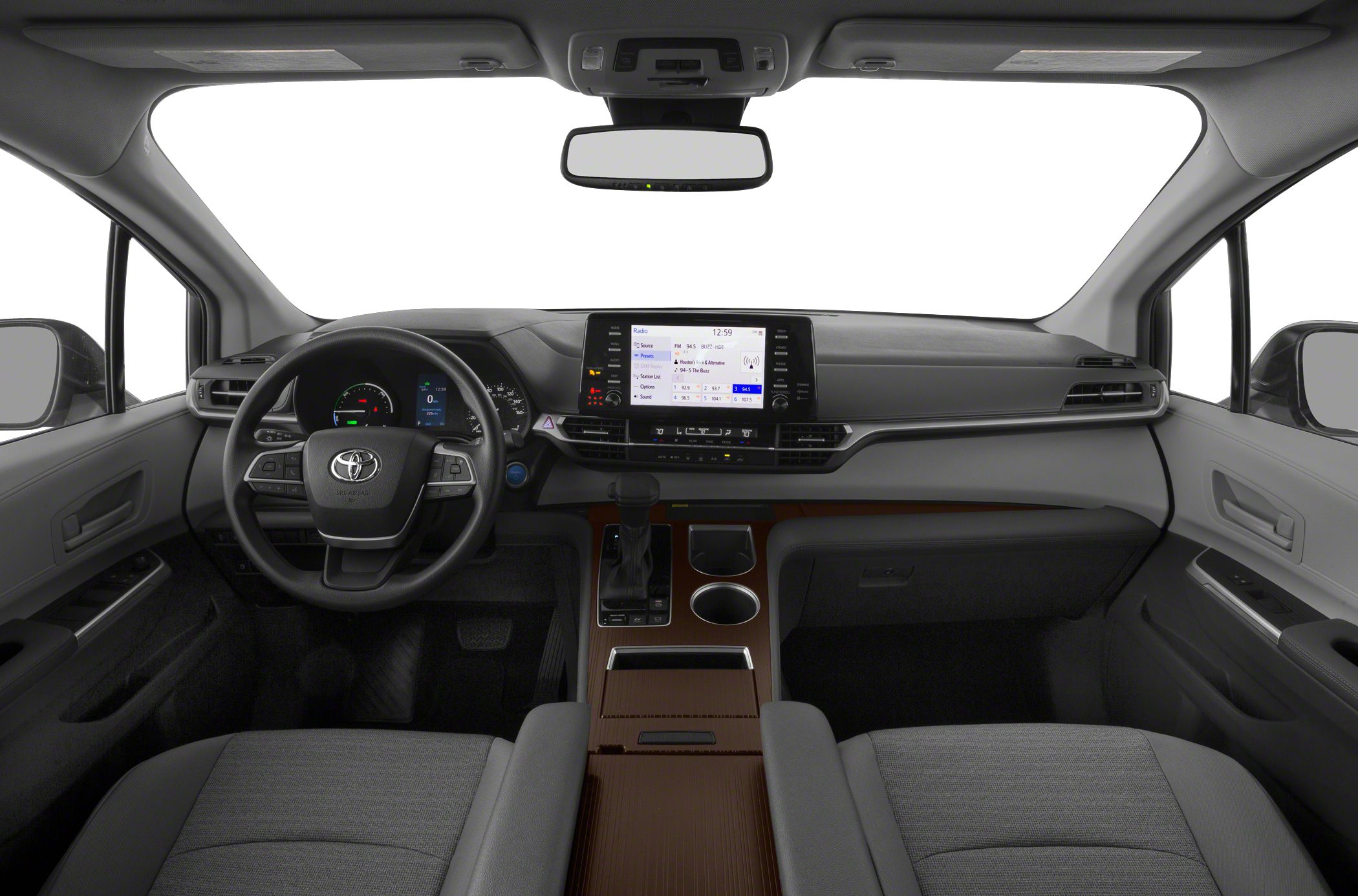 Dashboard with multimedia touchscreen and center console with wood trim