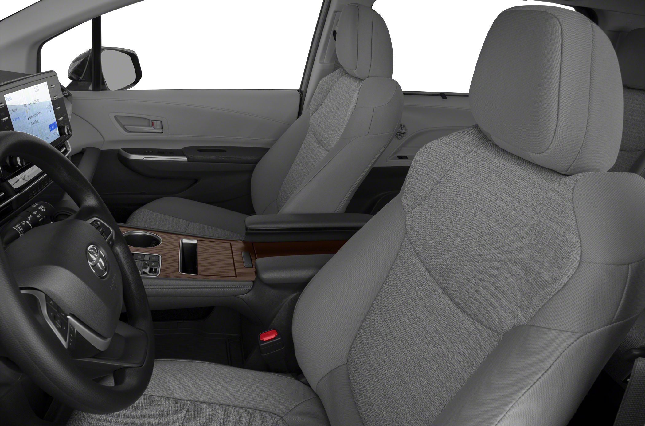 Front seats and dashboard with touchscreen and wood-trimmed console