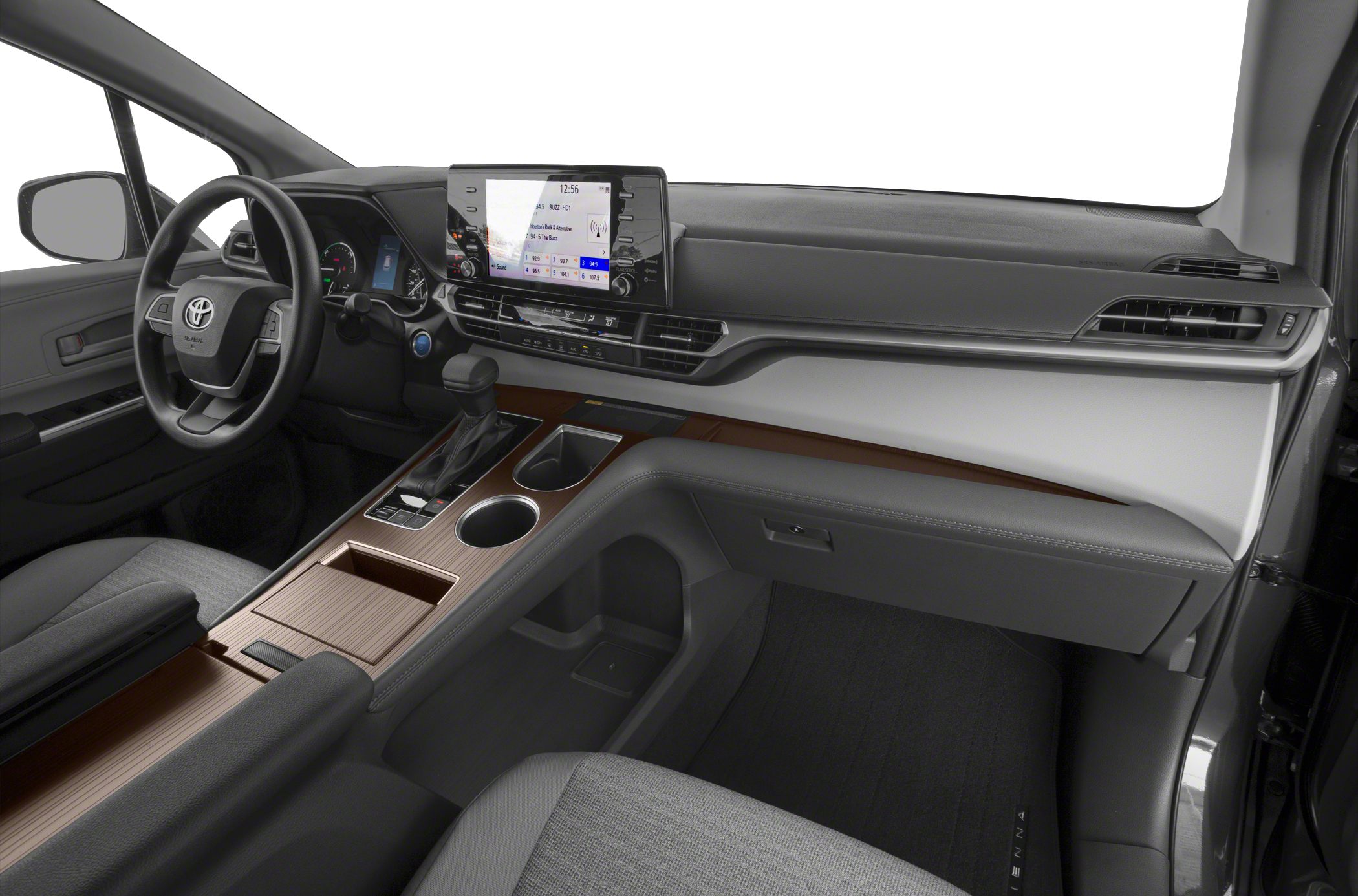 Modern car interior dashboard with touchscreen and wood-trimmed center console