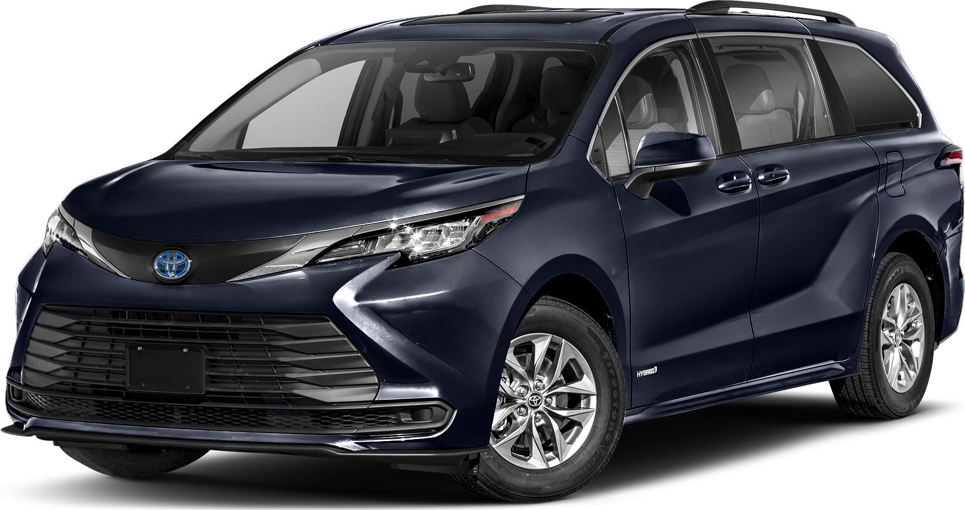 Front side profile of a minivan with sleek headlights and alloy wheels