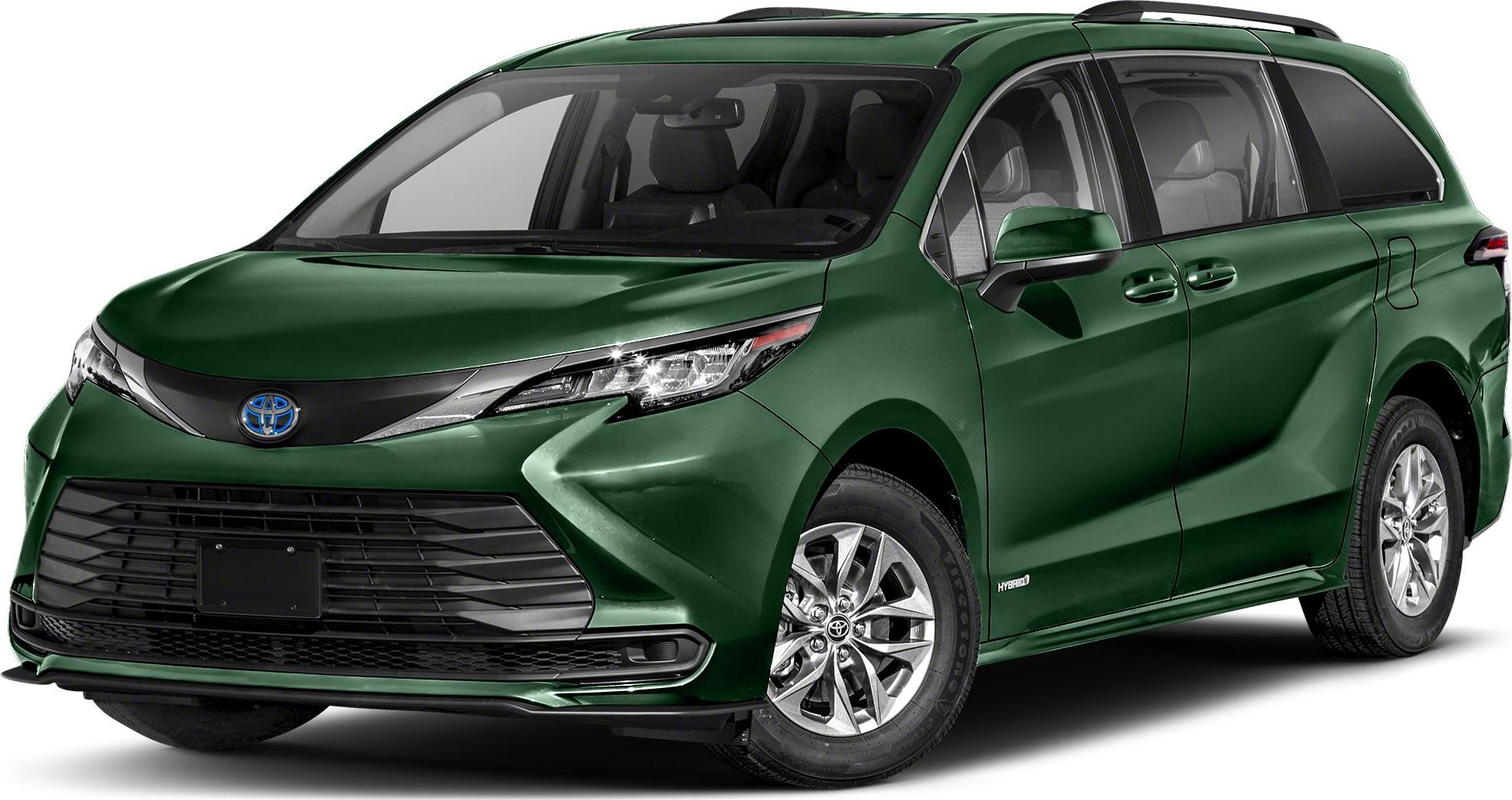 Front and side view of green hybrid minivan with alloy wheels