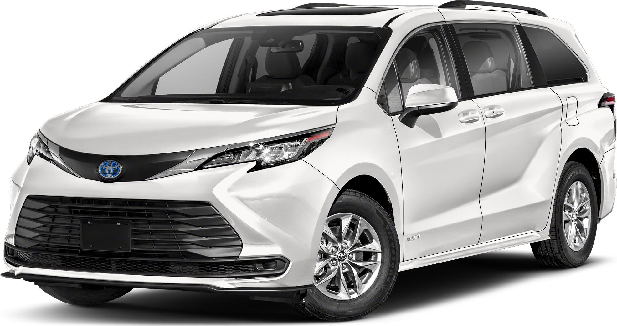 White hybrid minivan front with alloy wheels and sunroof