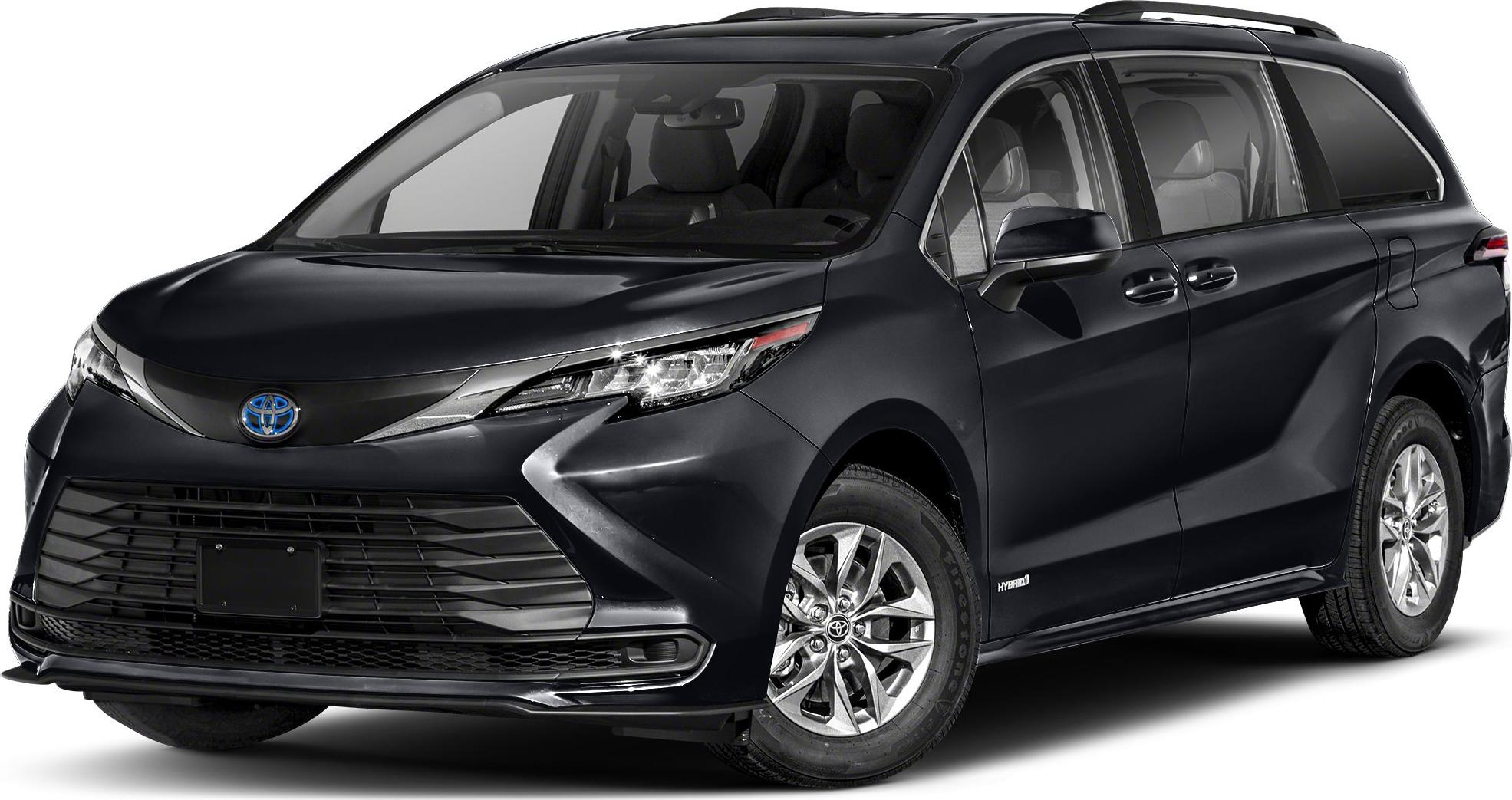 black hybrid minivan front side with LED headlights