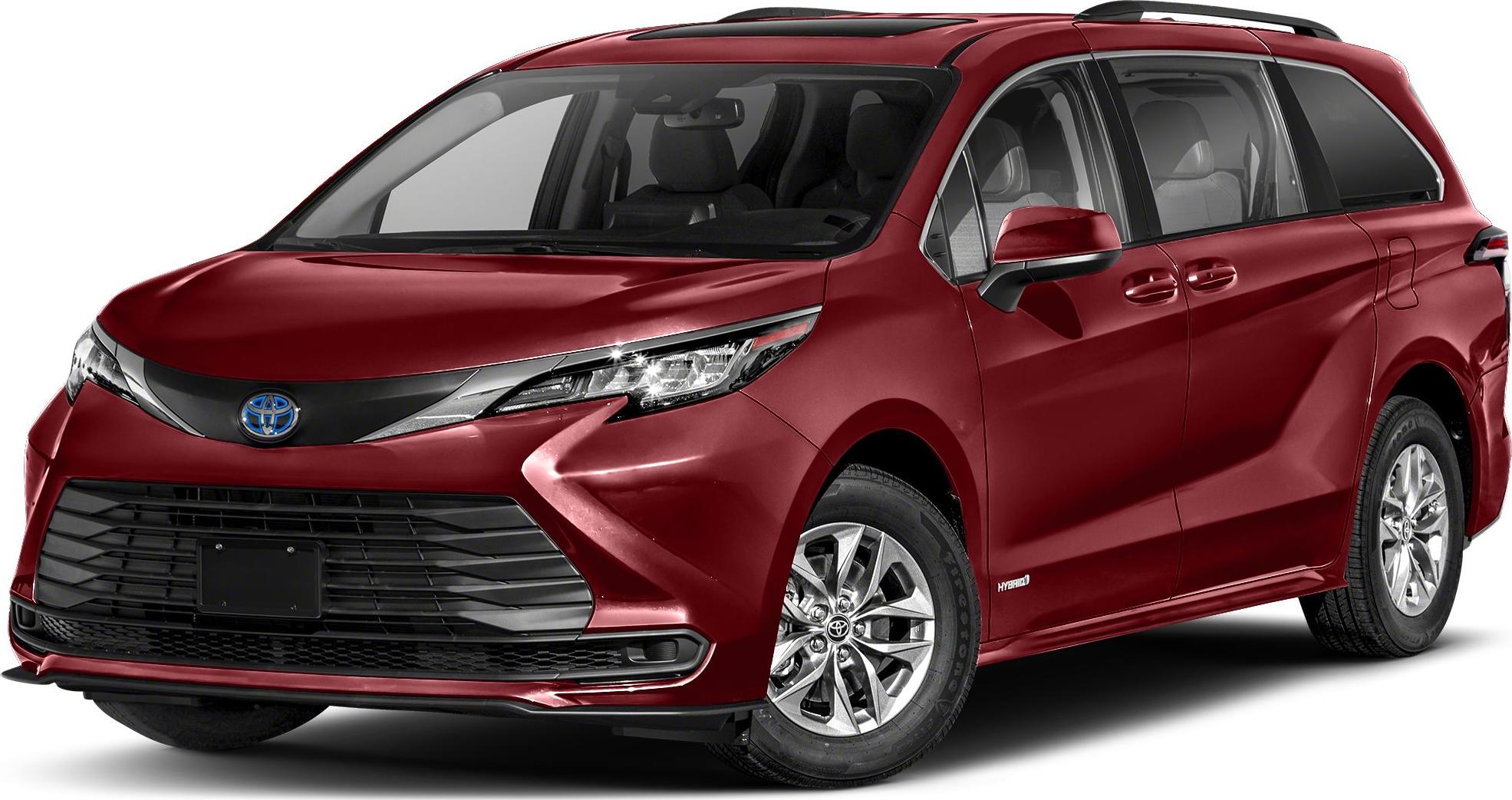 Red minivan front and side hybrid design with sleek grille and alloy wheels