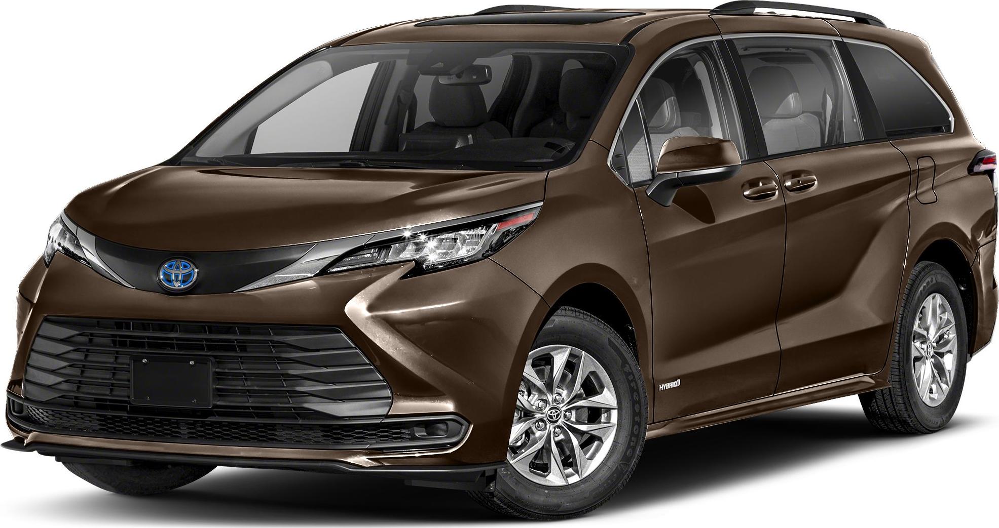 Front and side profile of hybrid minivan with sleek headlights and aerodynamic design