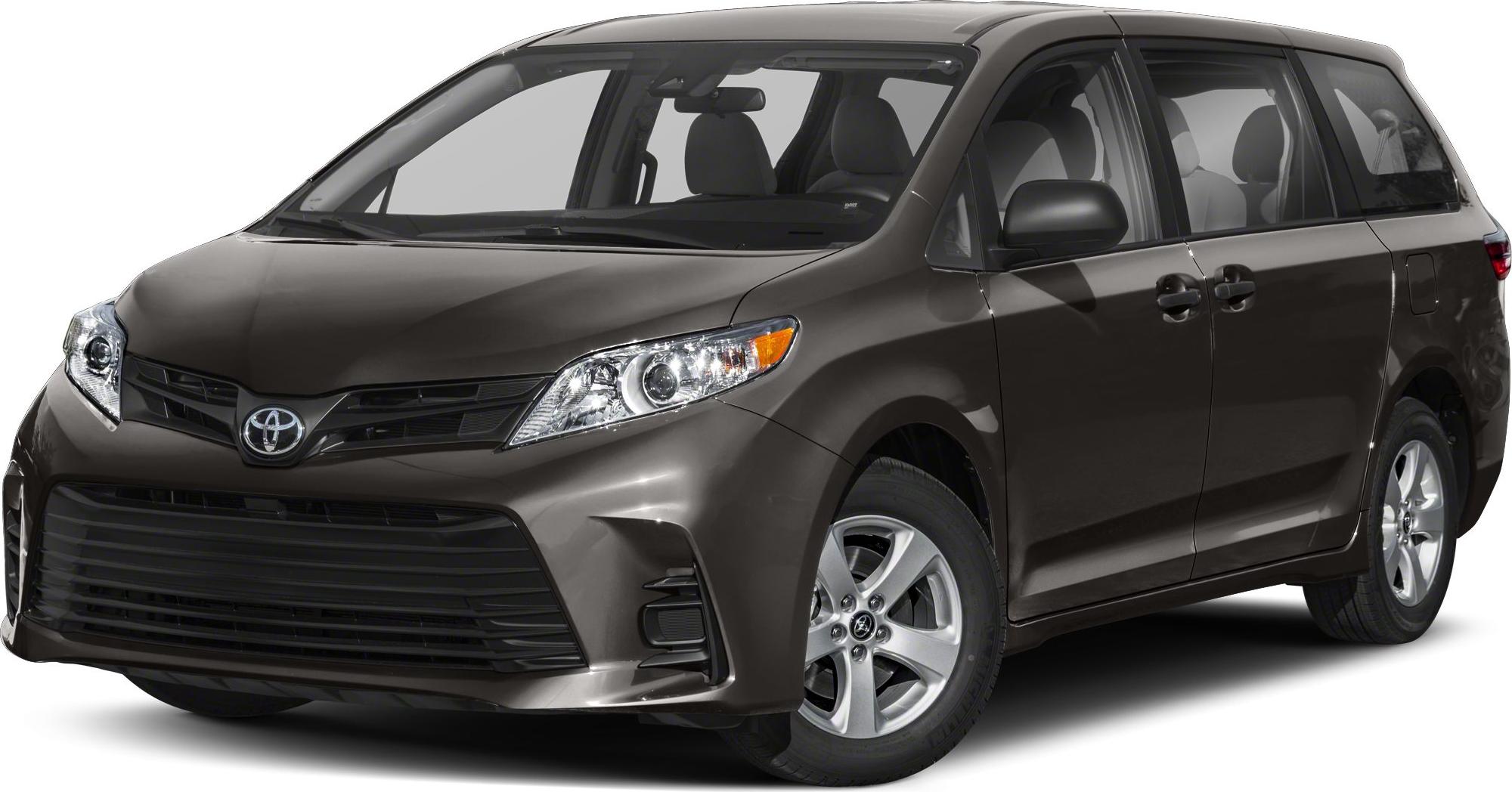 Front and side view with headlights, grille, and sliding doors of a minivan.