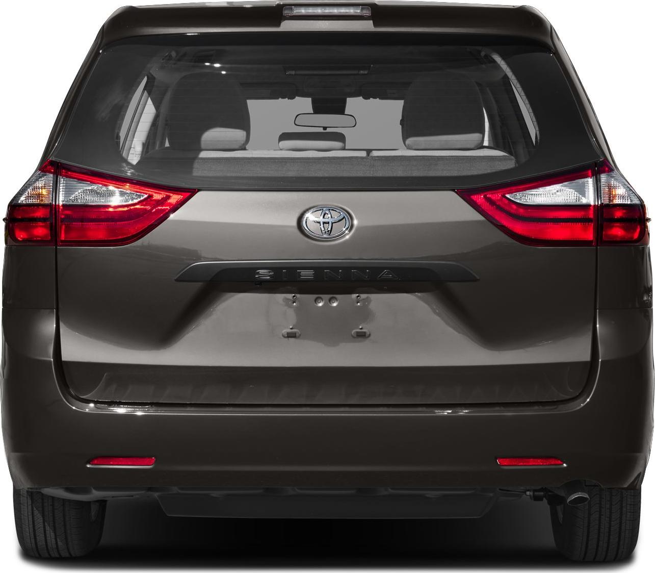 Rear tailgate with distinct tail lights and rear window of a minivan.