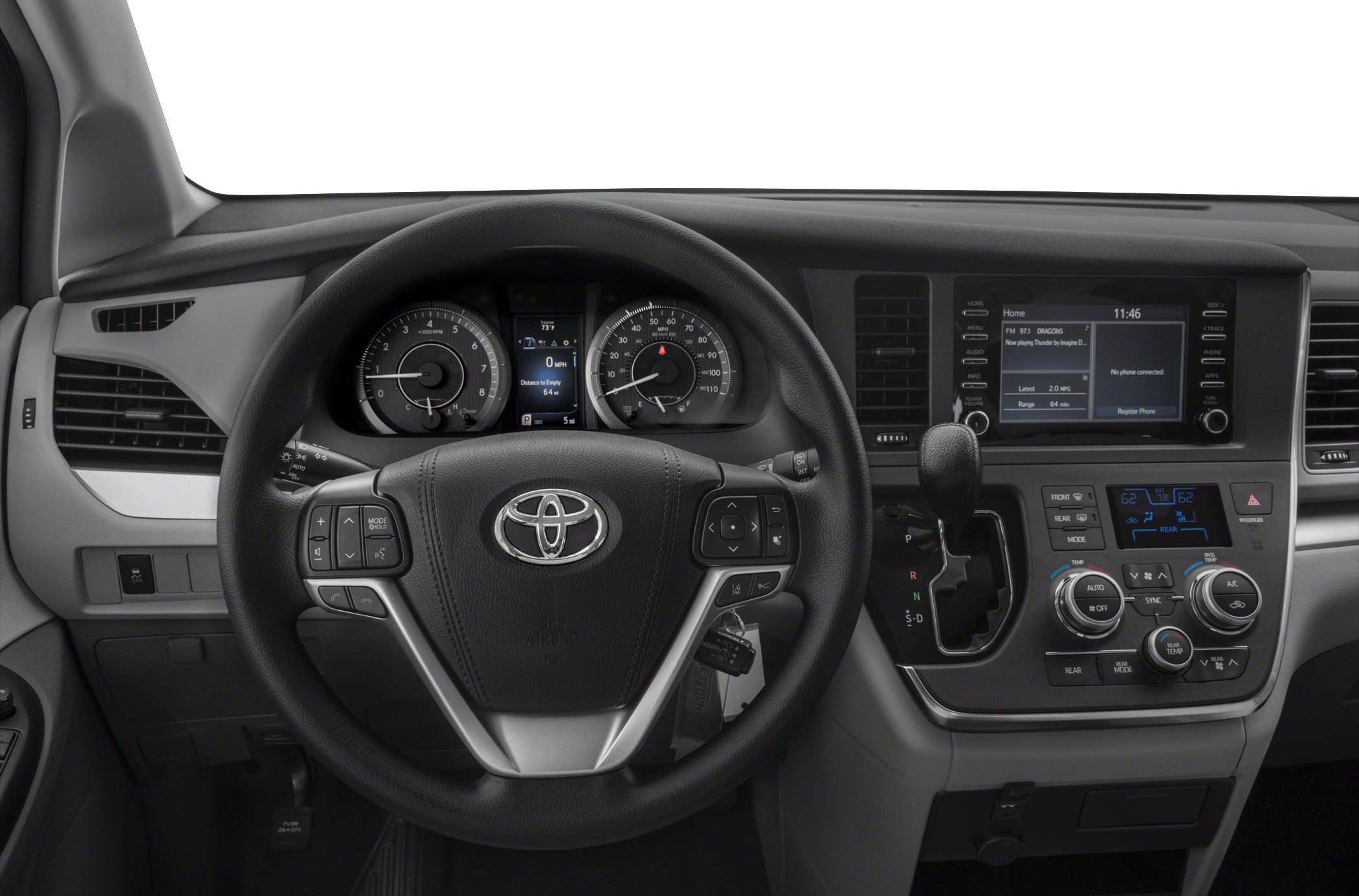 Dashboard and steering wheel including controls, instrument cluster, and infotainment system