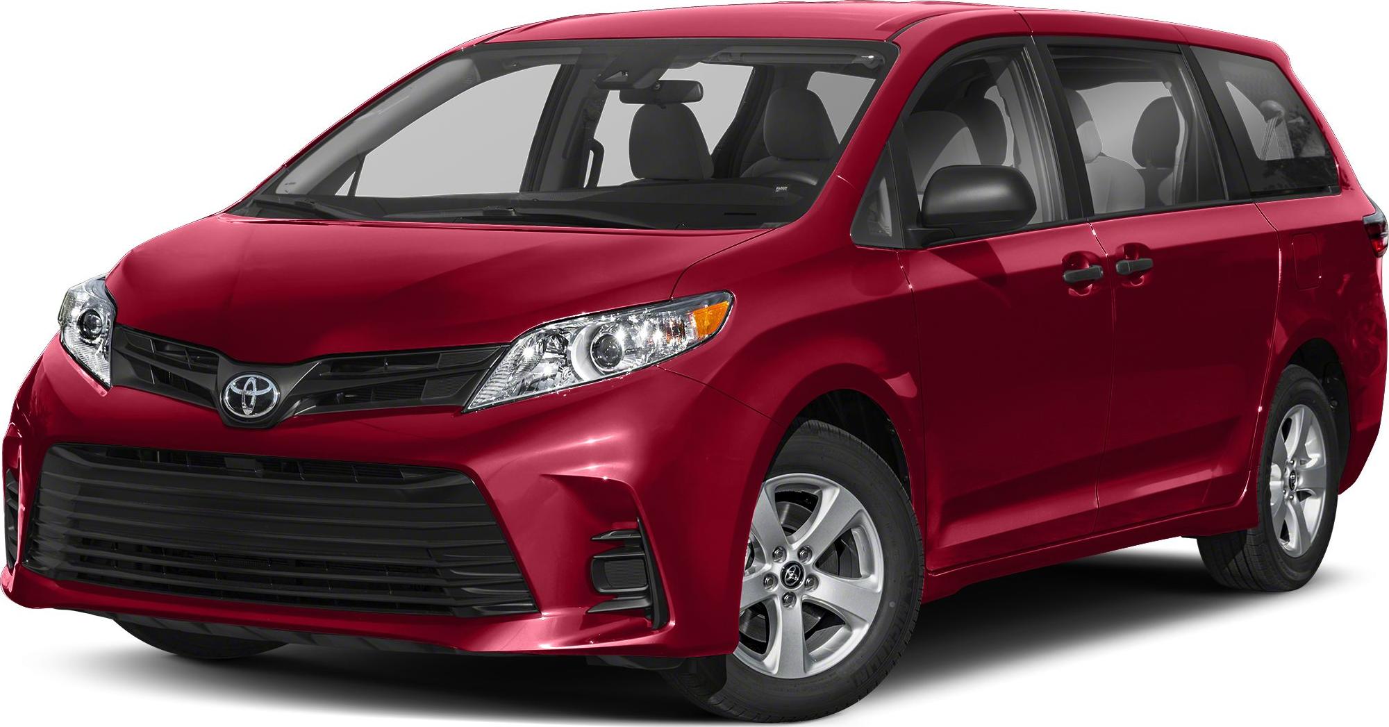 Red minivan with large black front grille and sleek headlamps