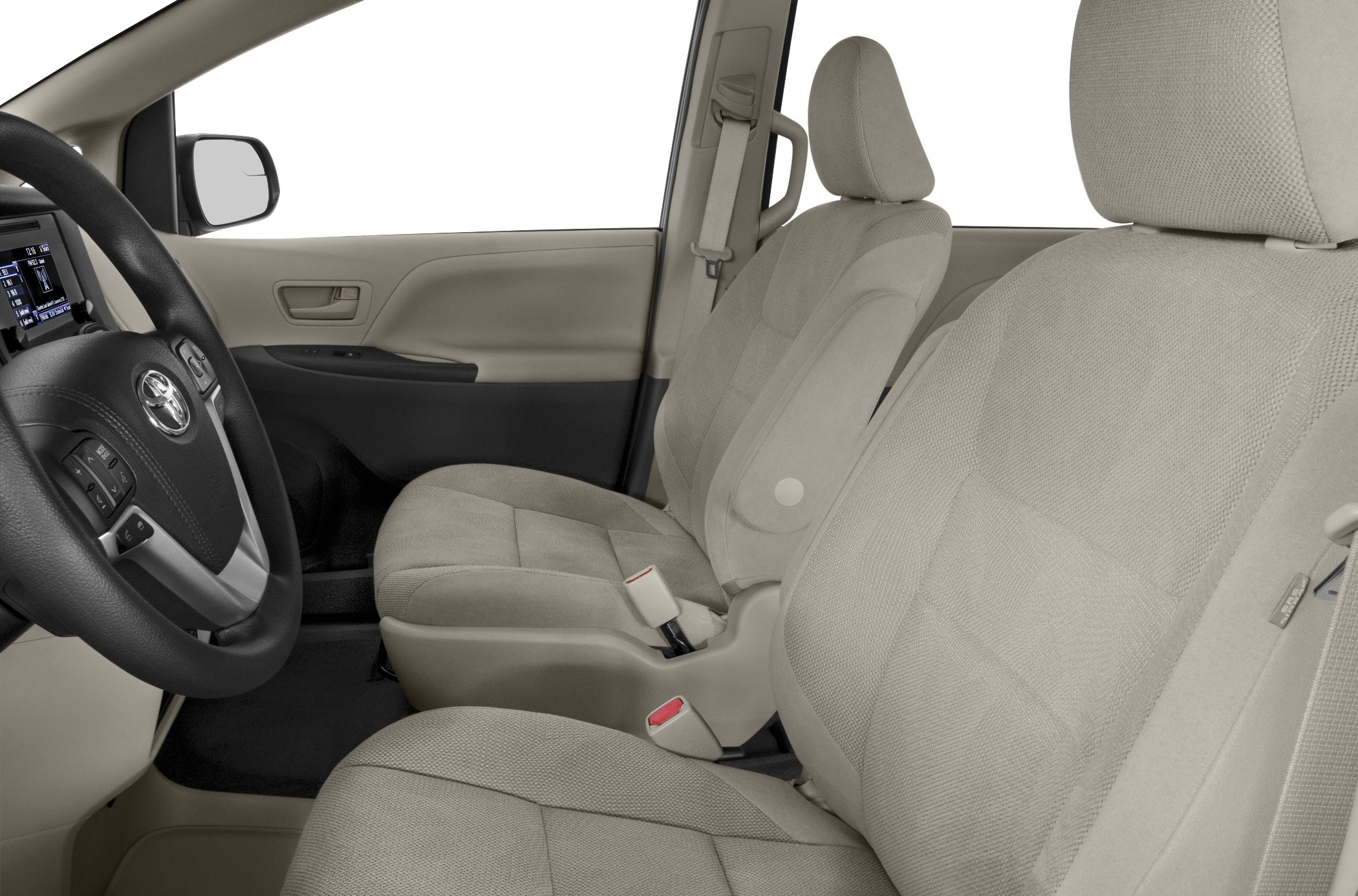 Interior front seats and dashboard with beige upholstery and steering wheel
