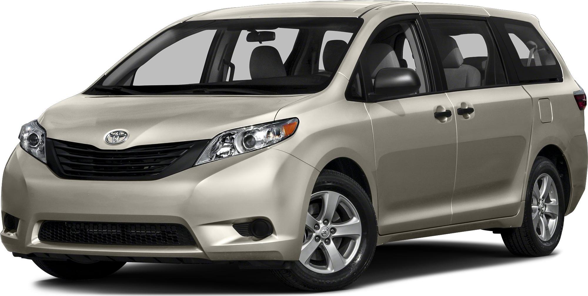 Front and side view of a beige minivan with sliding doors and alloy wheels