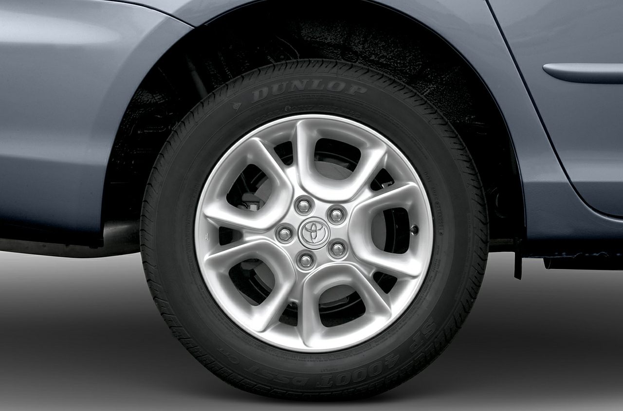 Close-up of alloy wheel and tire on vehicle rear side