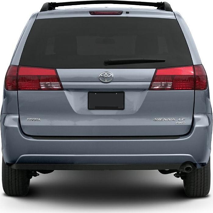 Silver minivan rear with taillights, AWD badge, rear window wiper, roof rack.