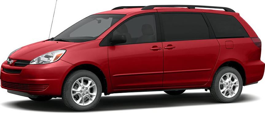 Red minivan side profile with sliding doors and roof rails