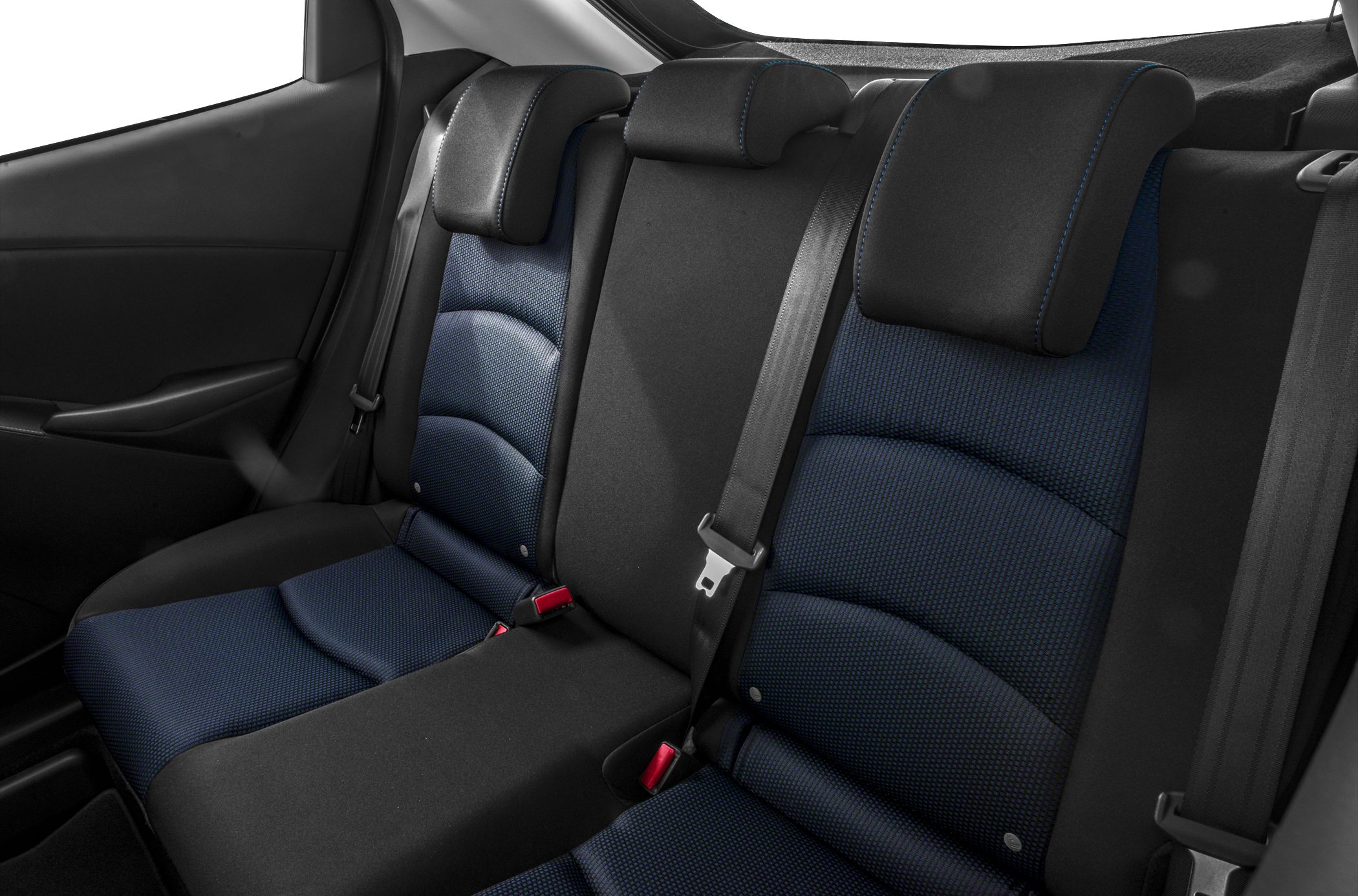 Rear seats with fabric upholstery, headrests, and seatbelt system