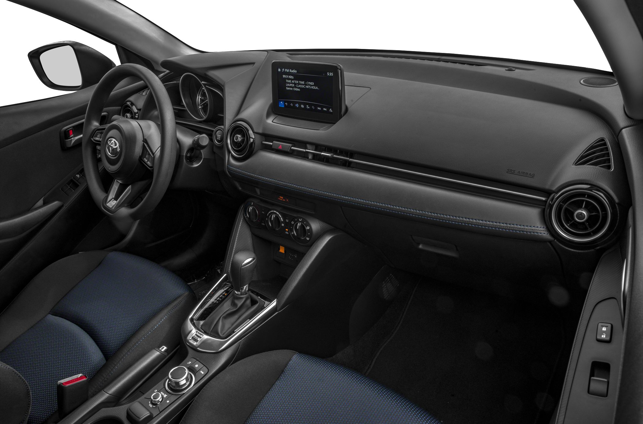 Dashboard, infotainment screen, steering wheel, and center console controls