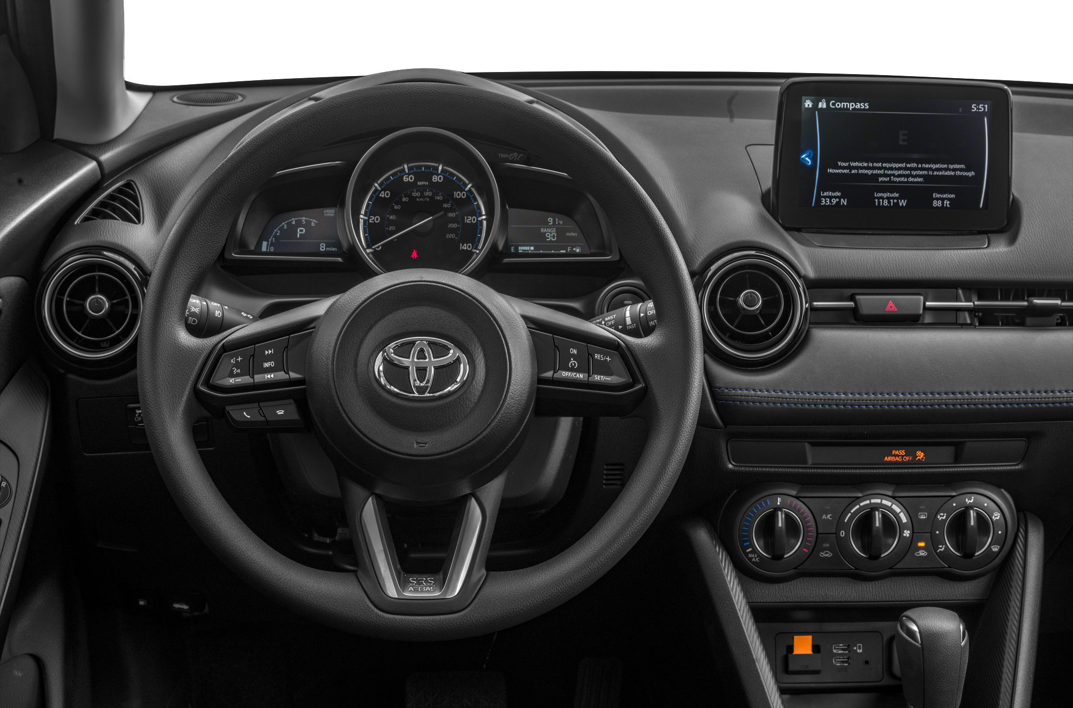 Steering wheel, instrument cluster, infotainment screen, climate control panel