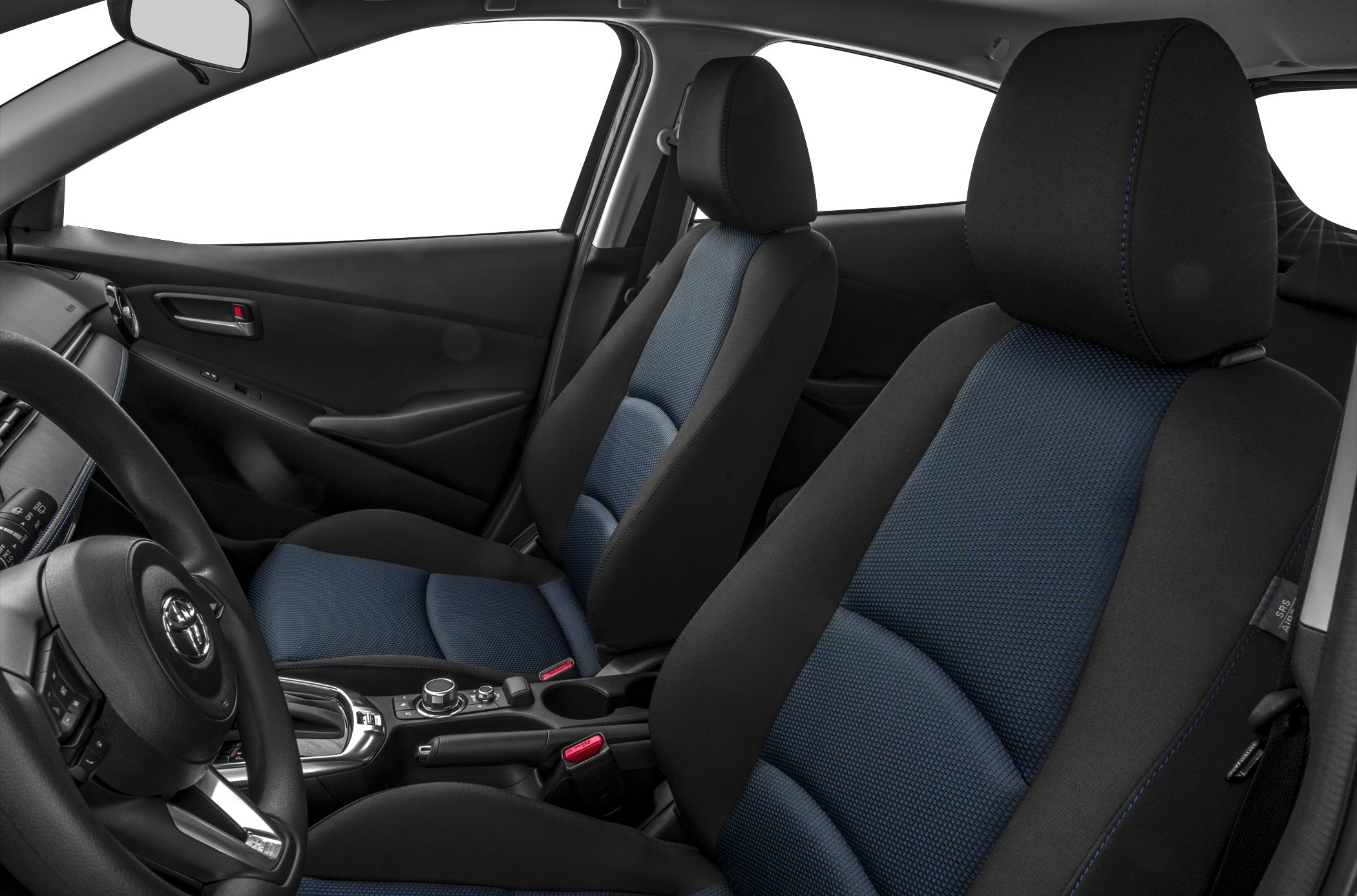 Front seats with blue fabric inserts and modern dashboard