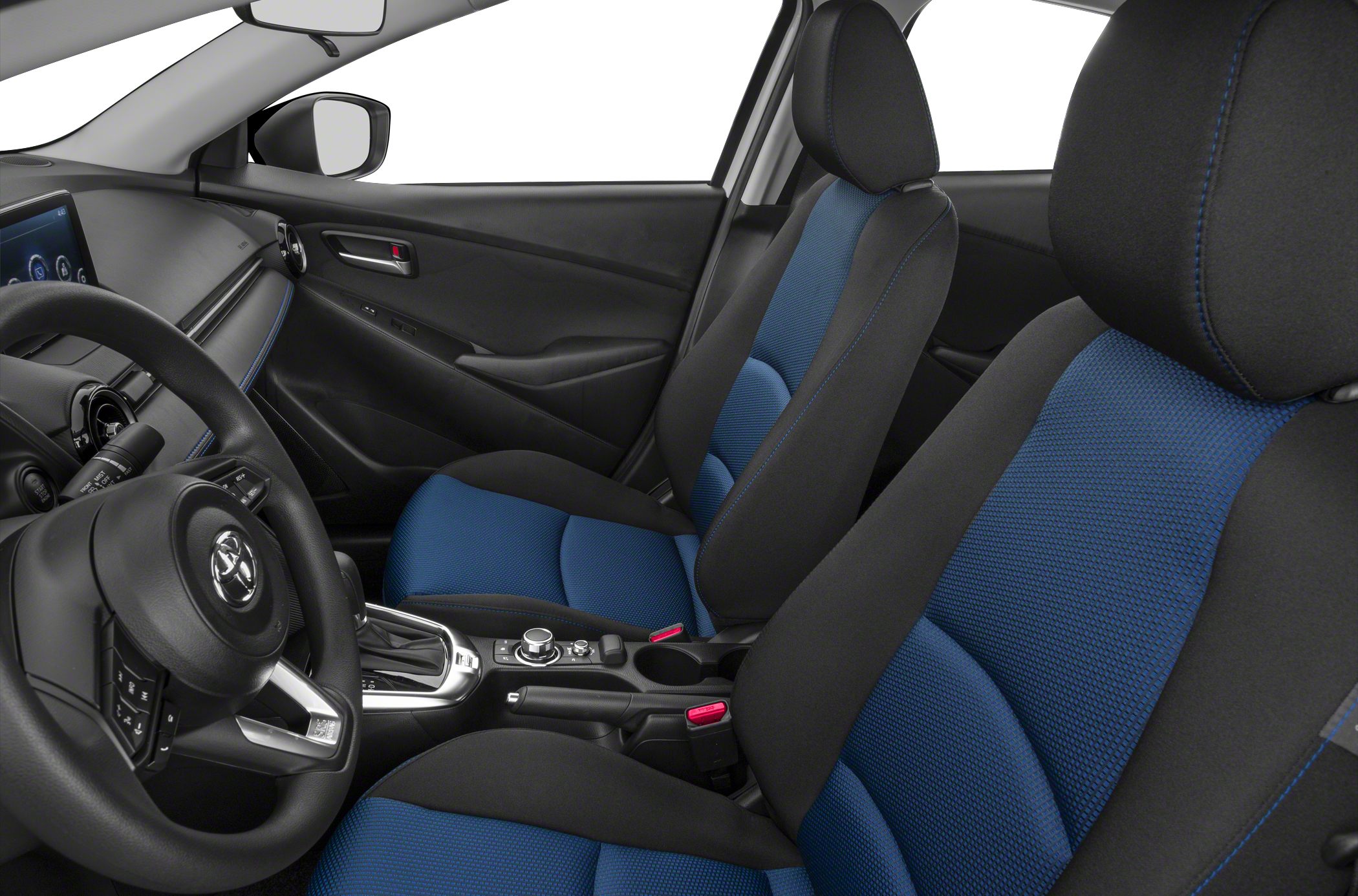 Blue fabric seats and modern dashboard with controls