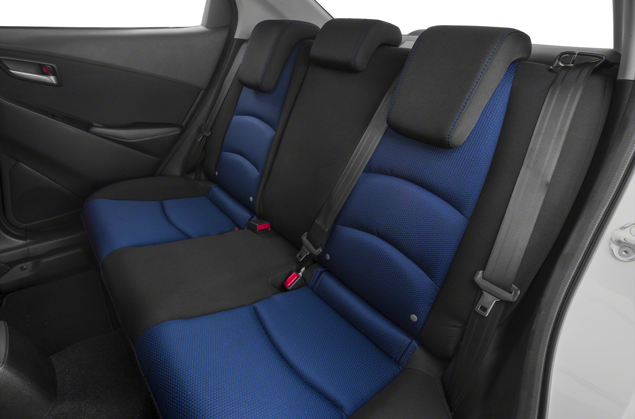 Blue and black rear seats with headrests and seat belts