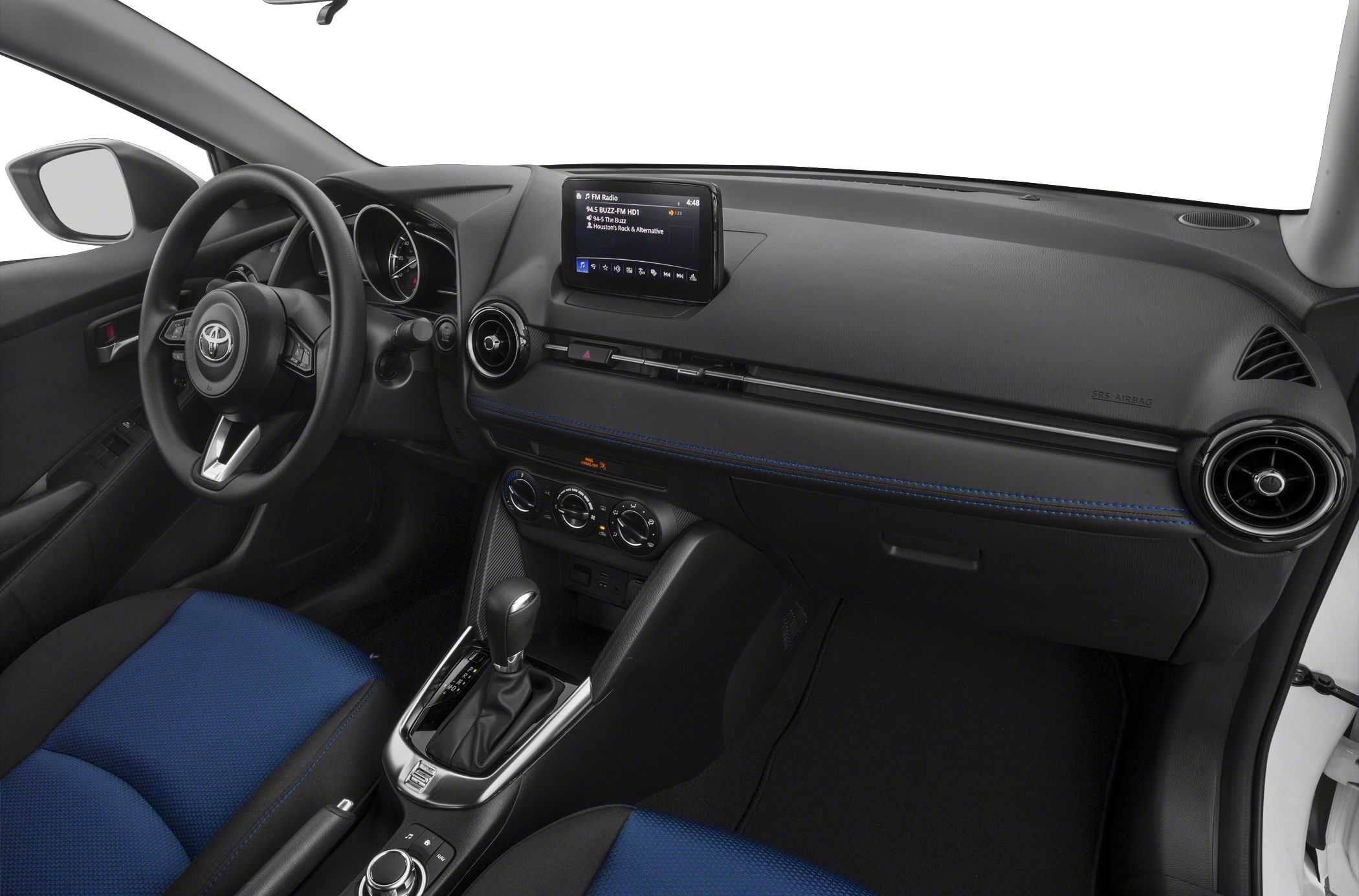 Dashboard, infotainment screen, steering wheel, center console, and seats in blue and black
