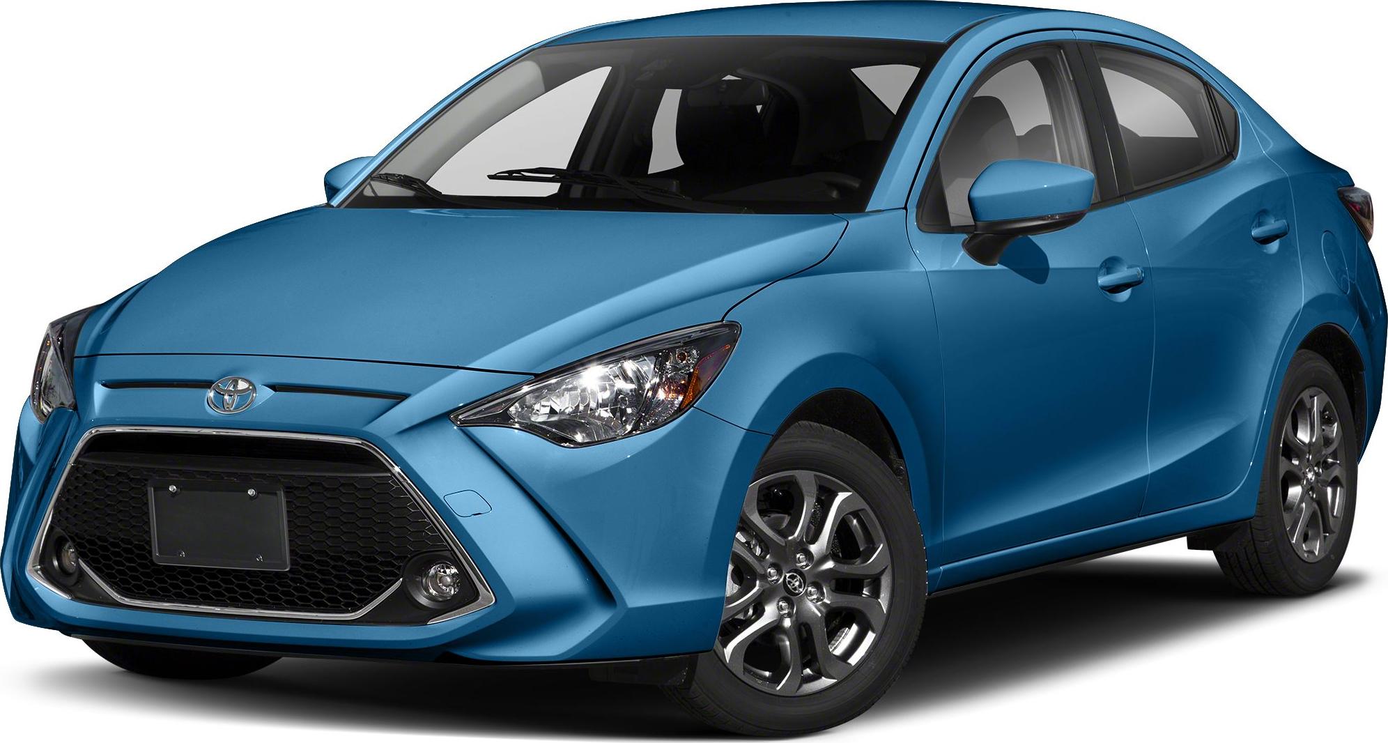 Front and side view of blue sedan with prominent grille and alloy wheels