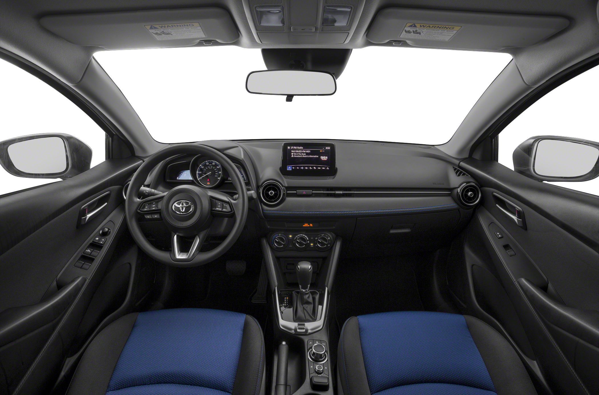 Modern car interior with blue fabric seats and digital dashboard