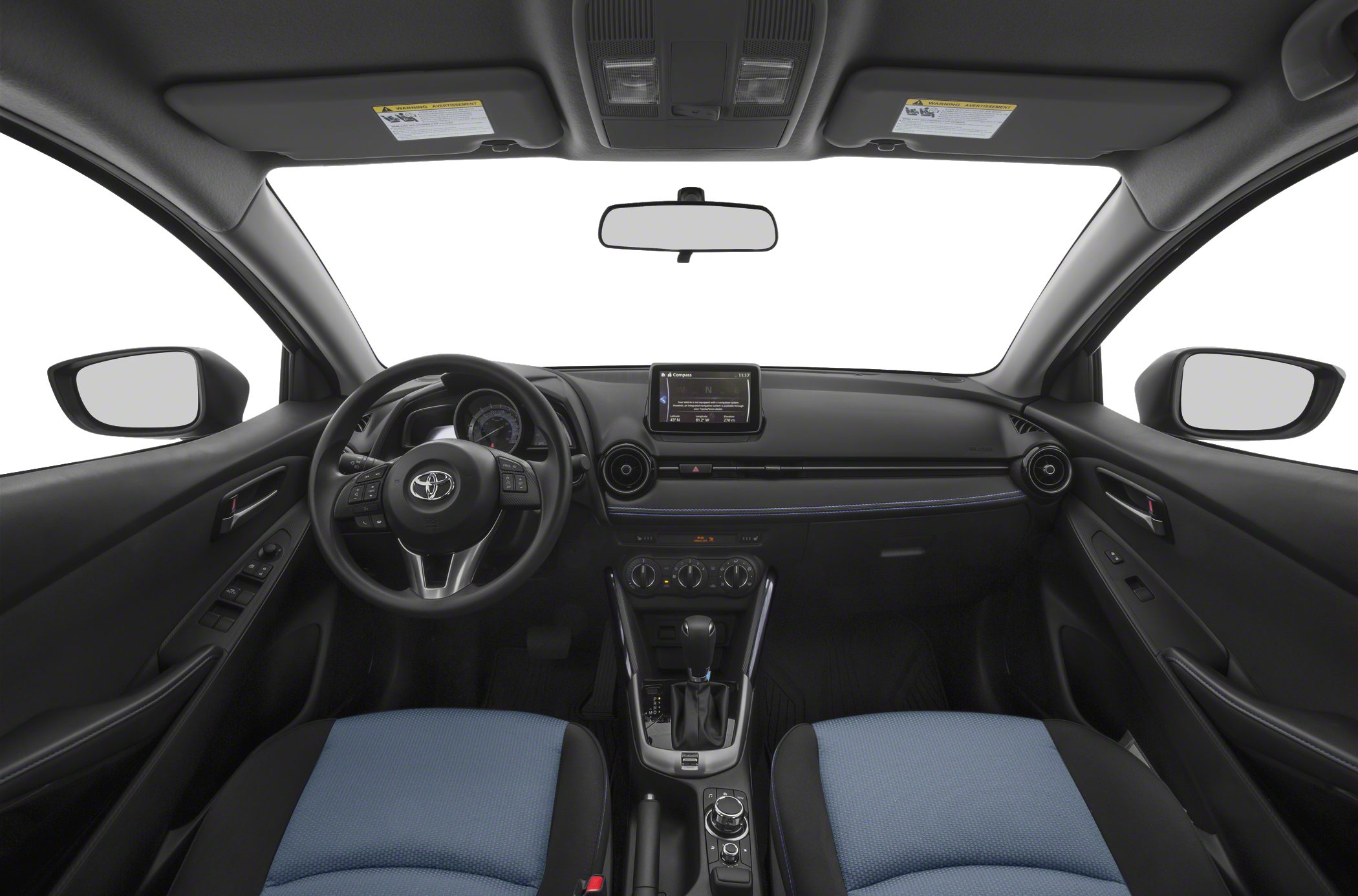 Compact car interior dashboard with infotainment and blue front seats
