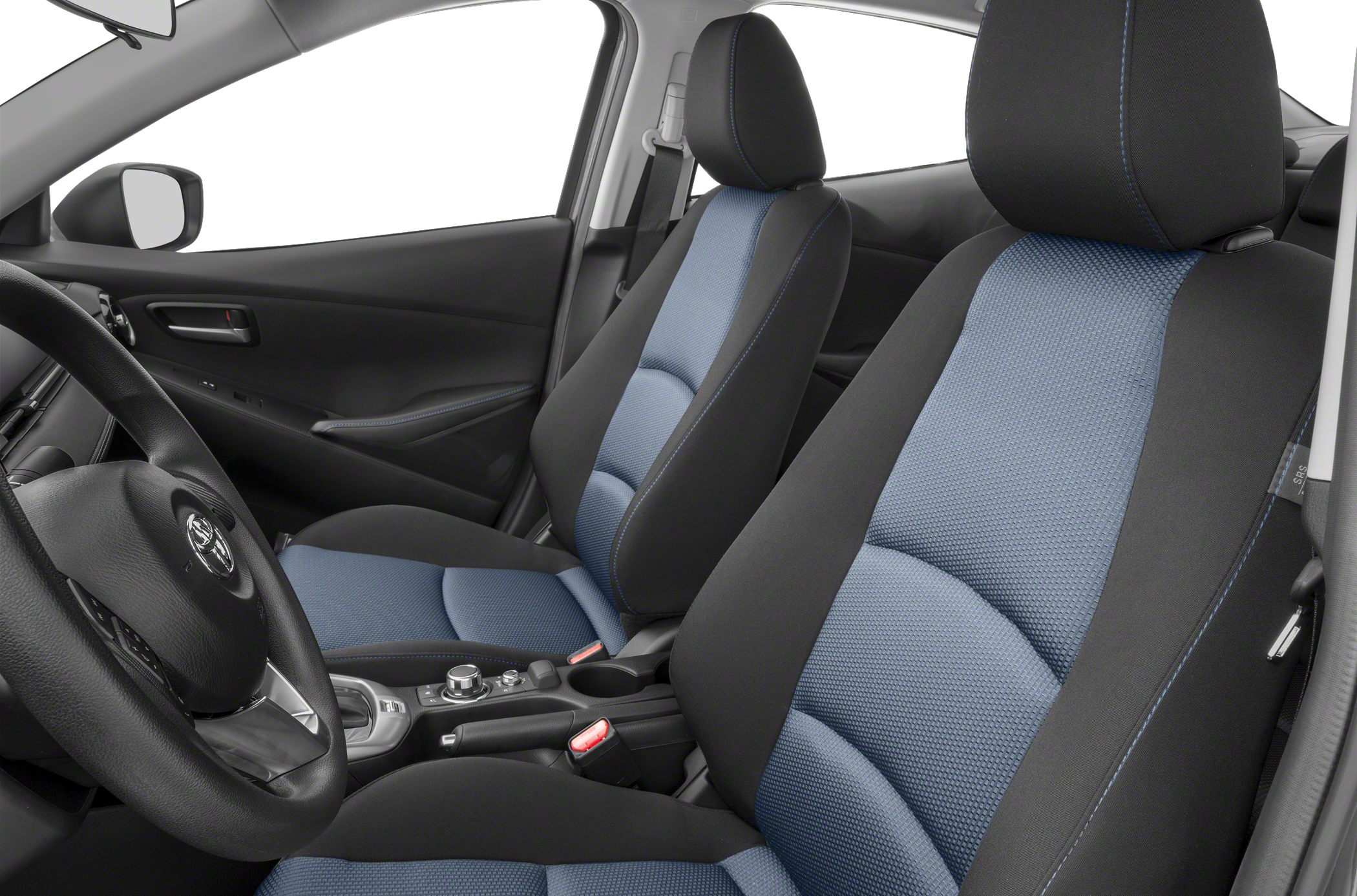 Front seats with blue fabric upholstery and steering wheel