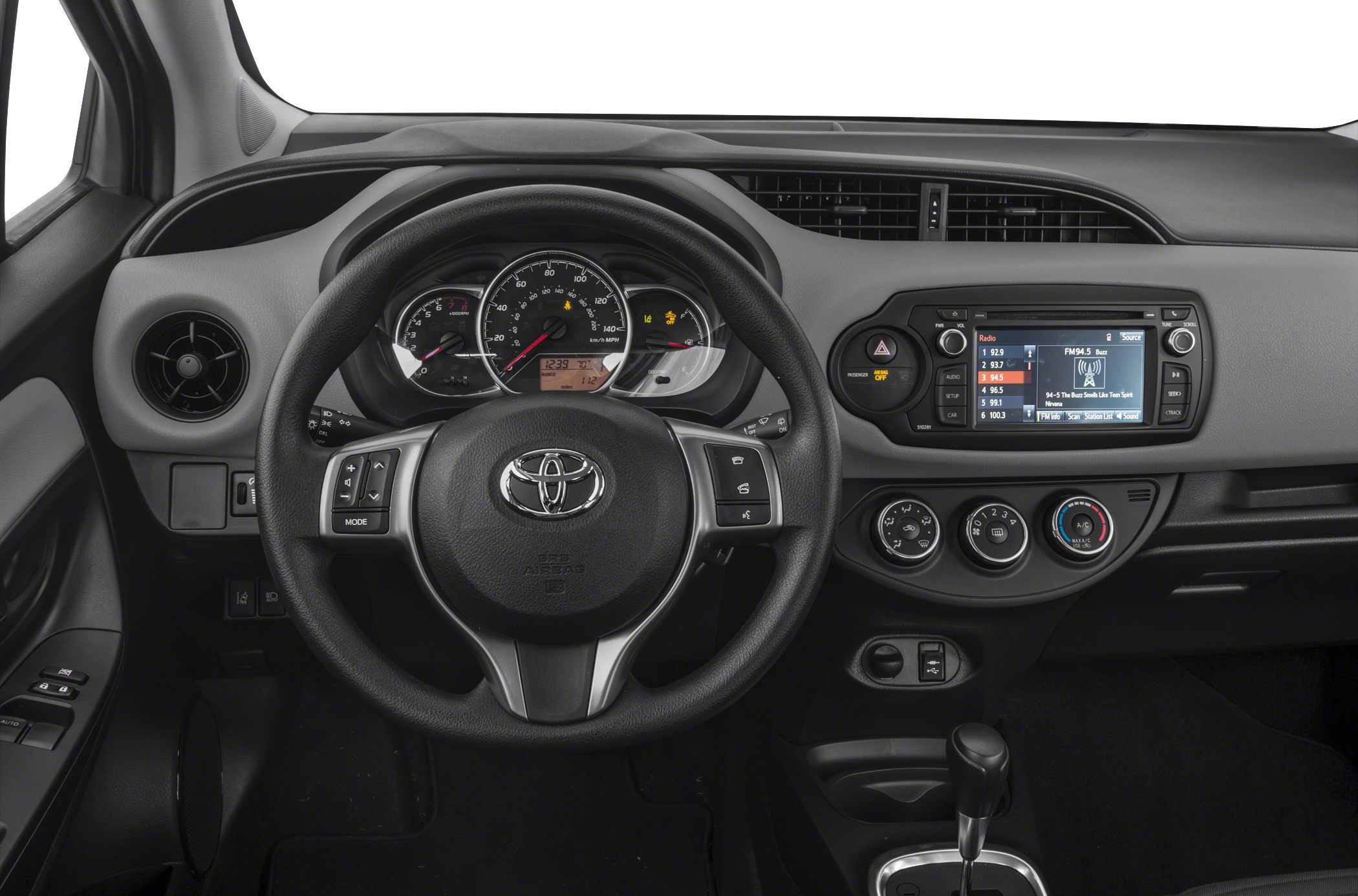 Steering wheel, instrument cluster, center console with radio display