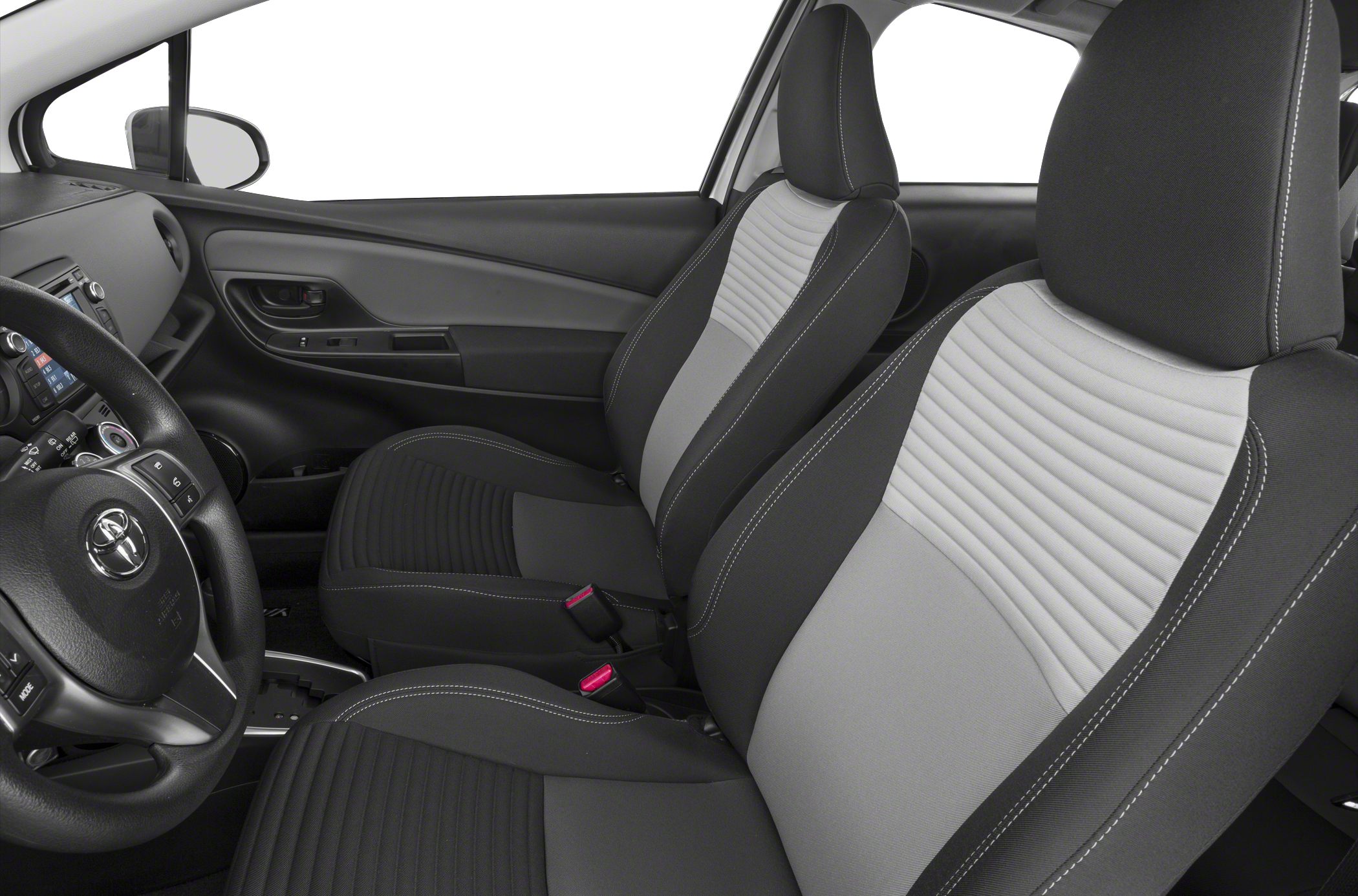 Front seats and dashboard interior with two-tone upholstery and steering wheel