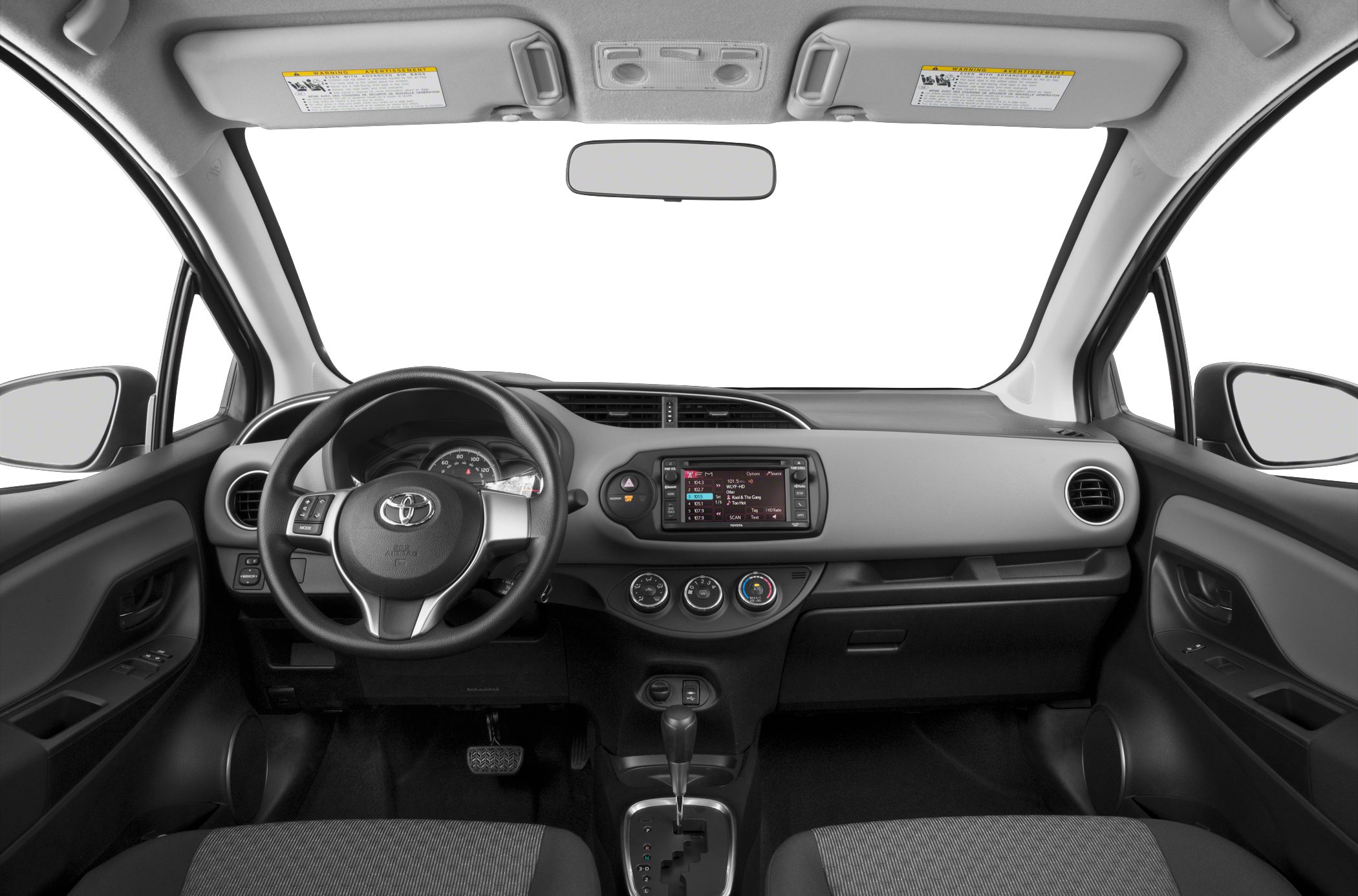 Dashboard, steering wheel, infotainment system, climate controls