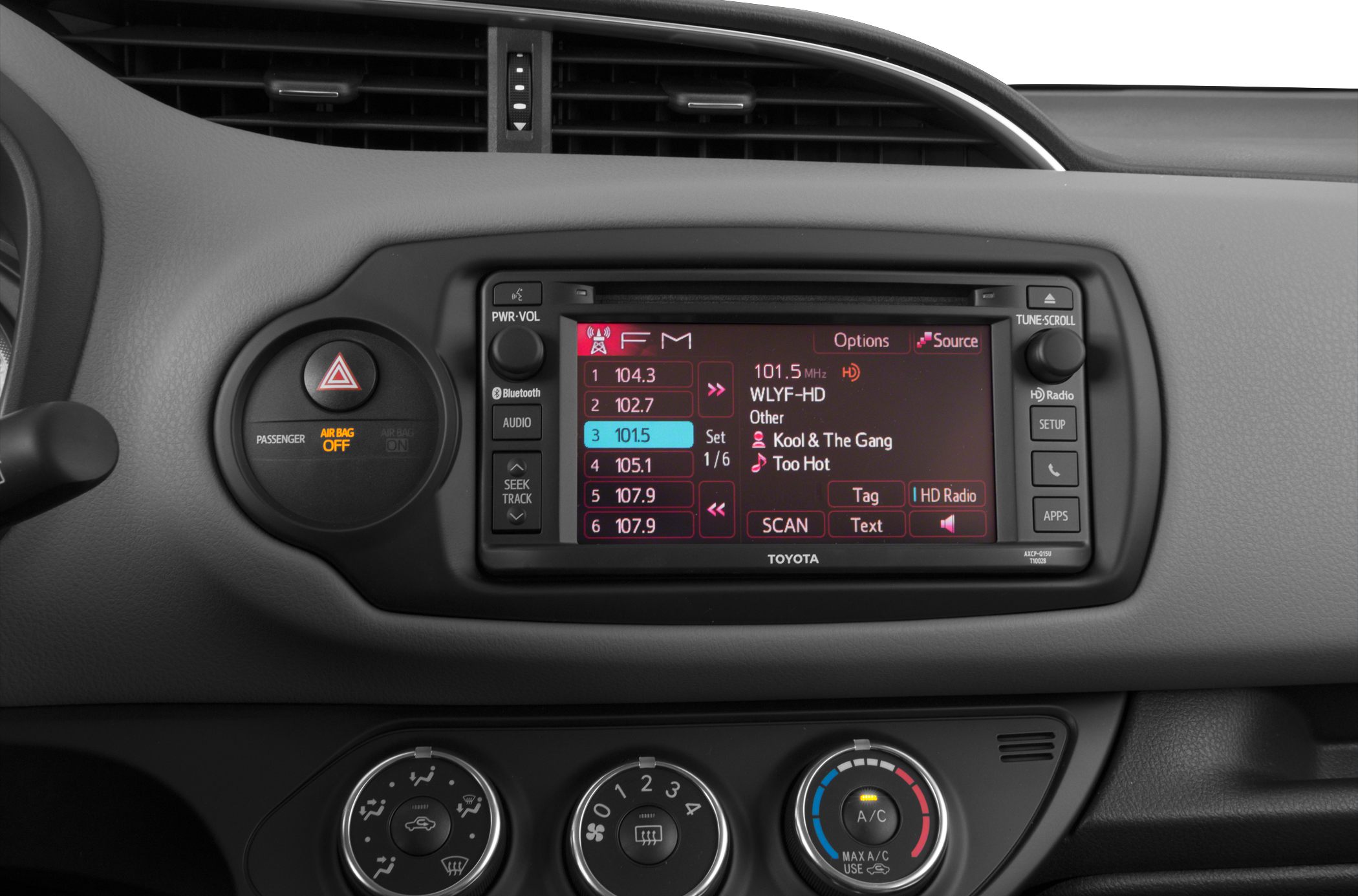 Car dashboard with radio display and climate control knobs