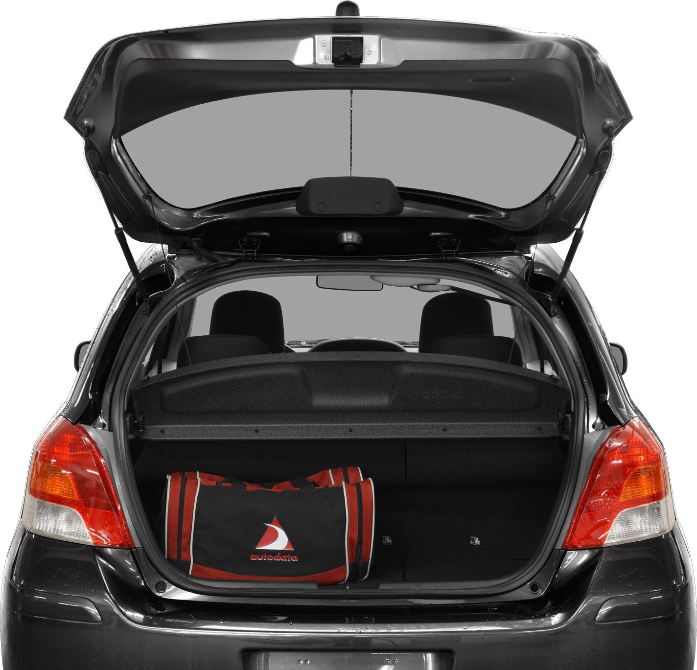 Hatchback rear view with open trunk and visible cargo space