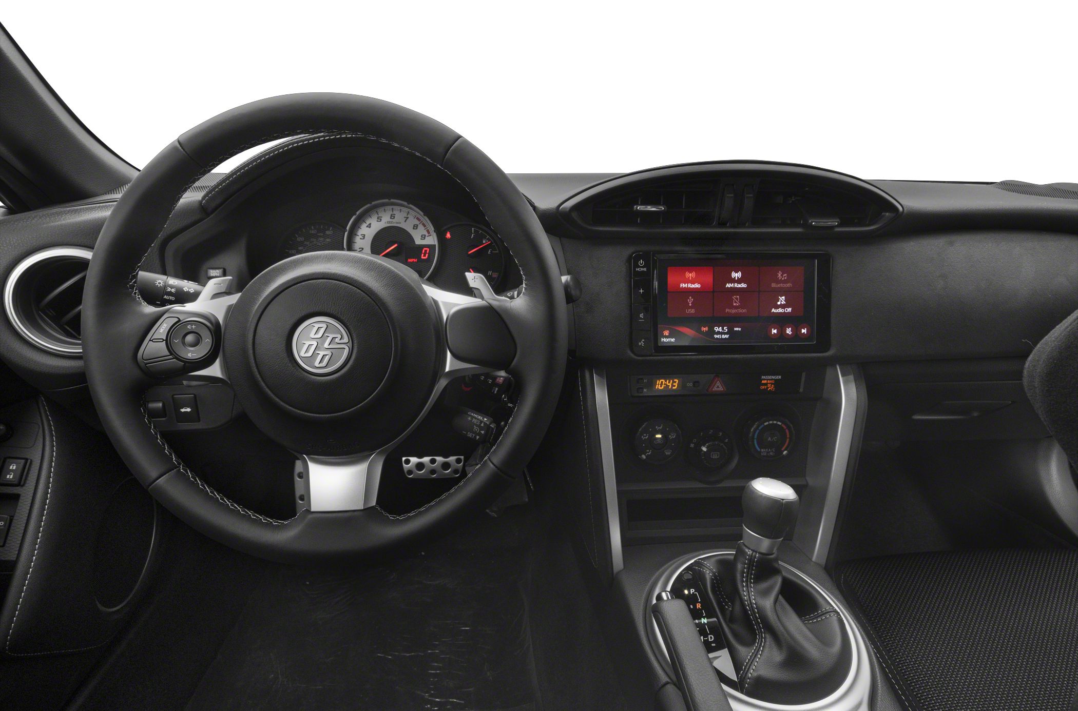 Steering wheel, instrument cluster, and center console with gear shifter