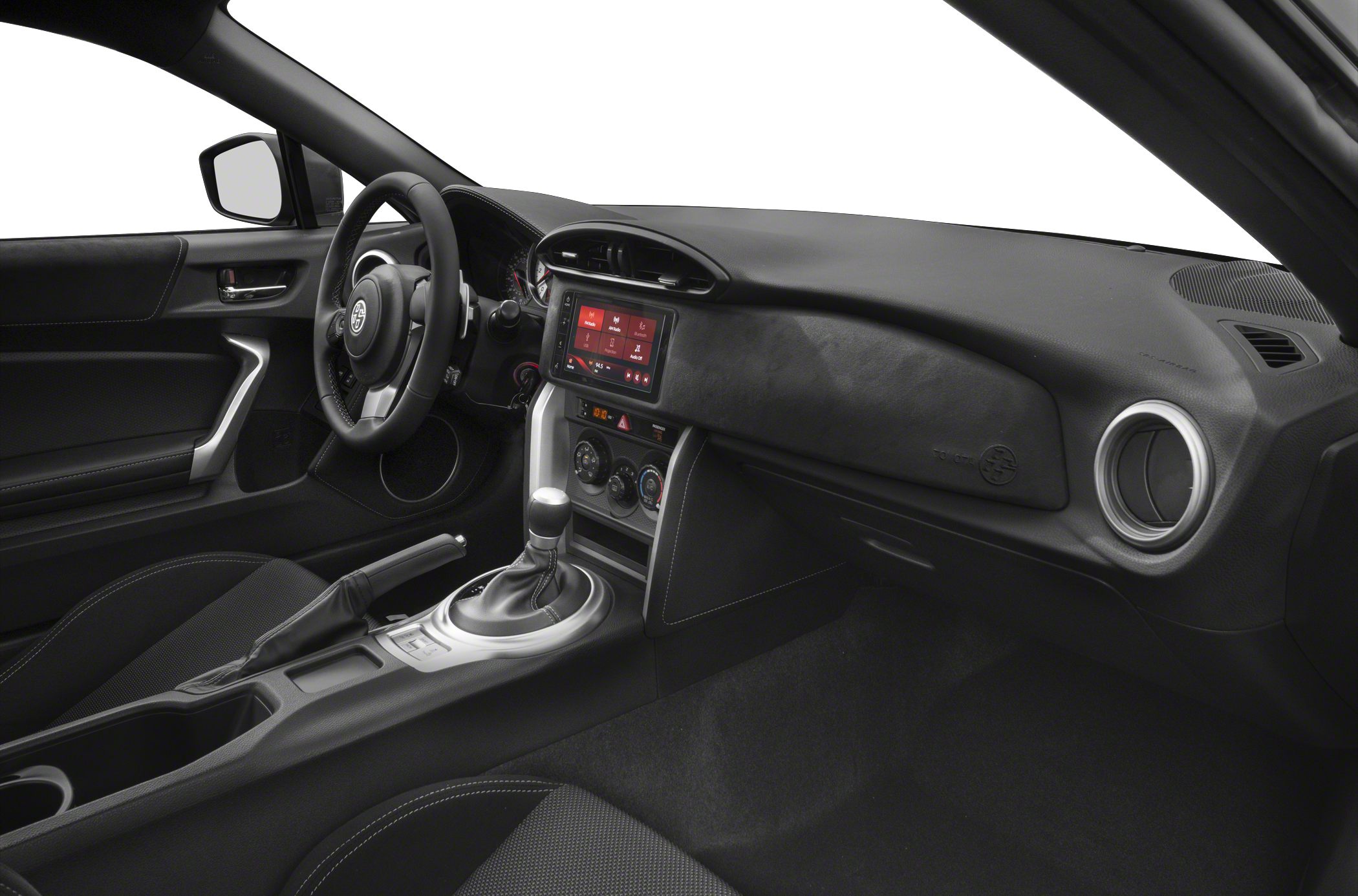 Dashboard, steering wheel, infotainment, and center console interior elements