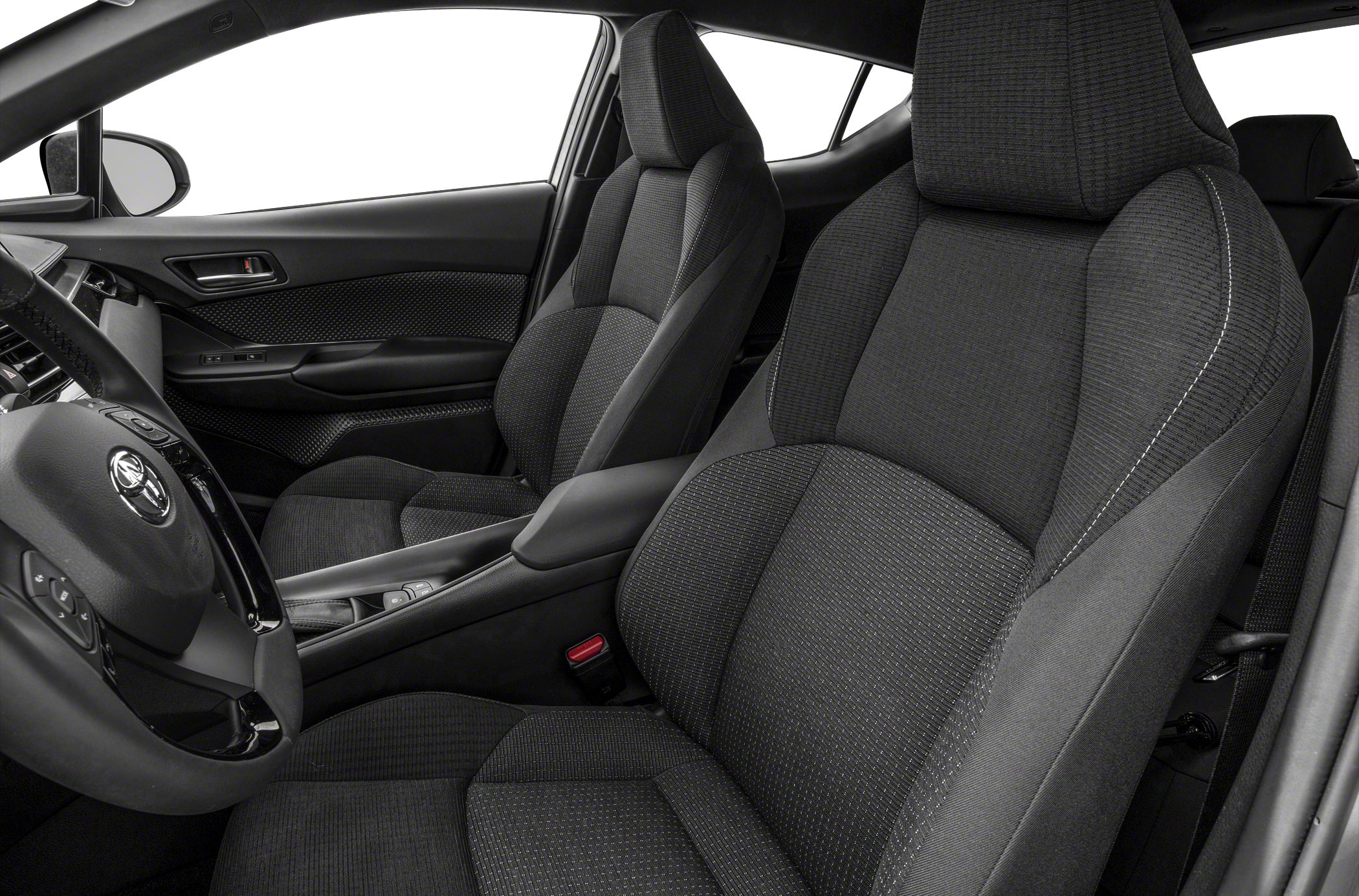 Ergonomic fabric front seats with detailed stitching and modern door panel interior